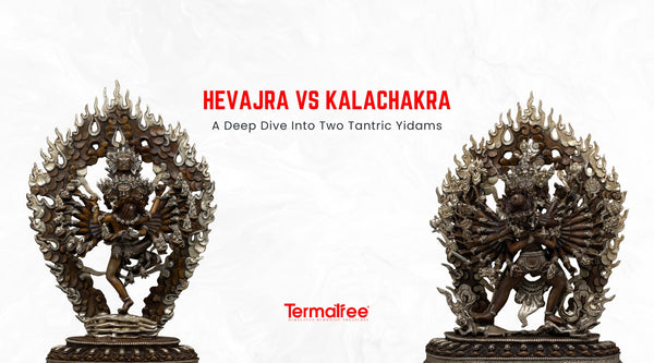 Hevajra and Kalachakra as statues may appear to be very similar as wrathful male deities with their consorts, arms outstretched,