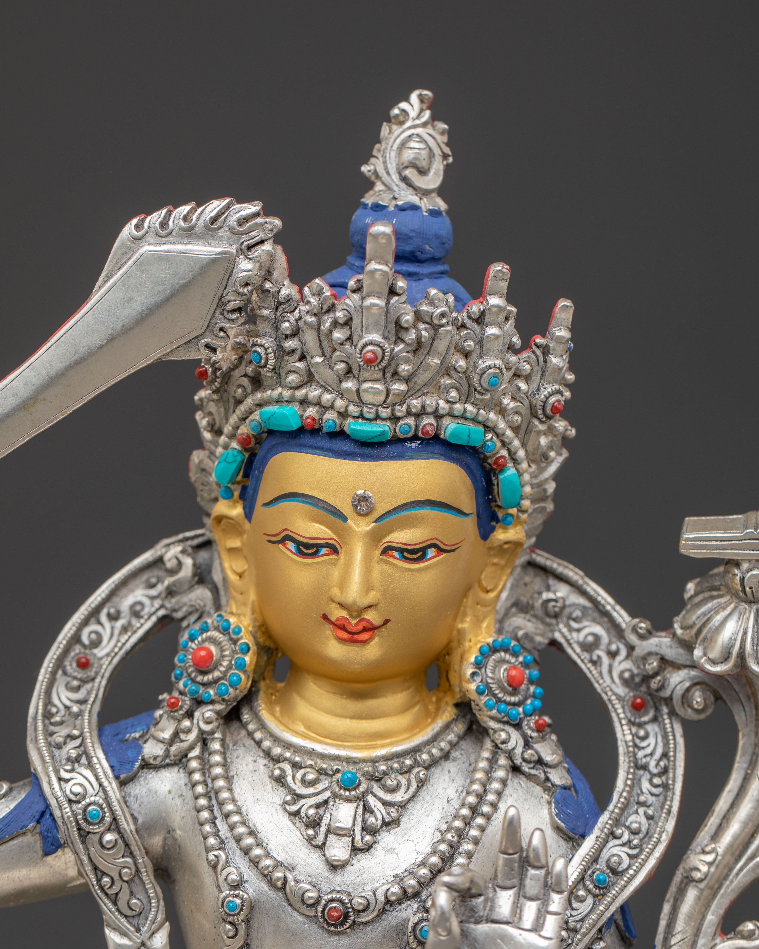 Silver Manjushri Statue: Bodhisattva of Insight | Traditional Himalayan Art