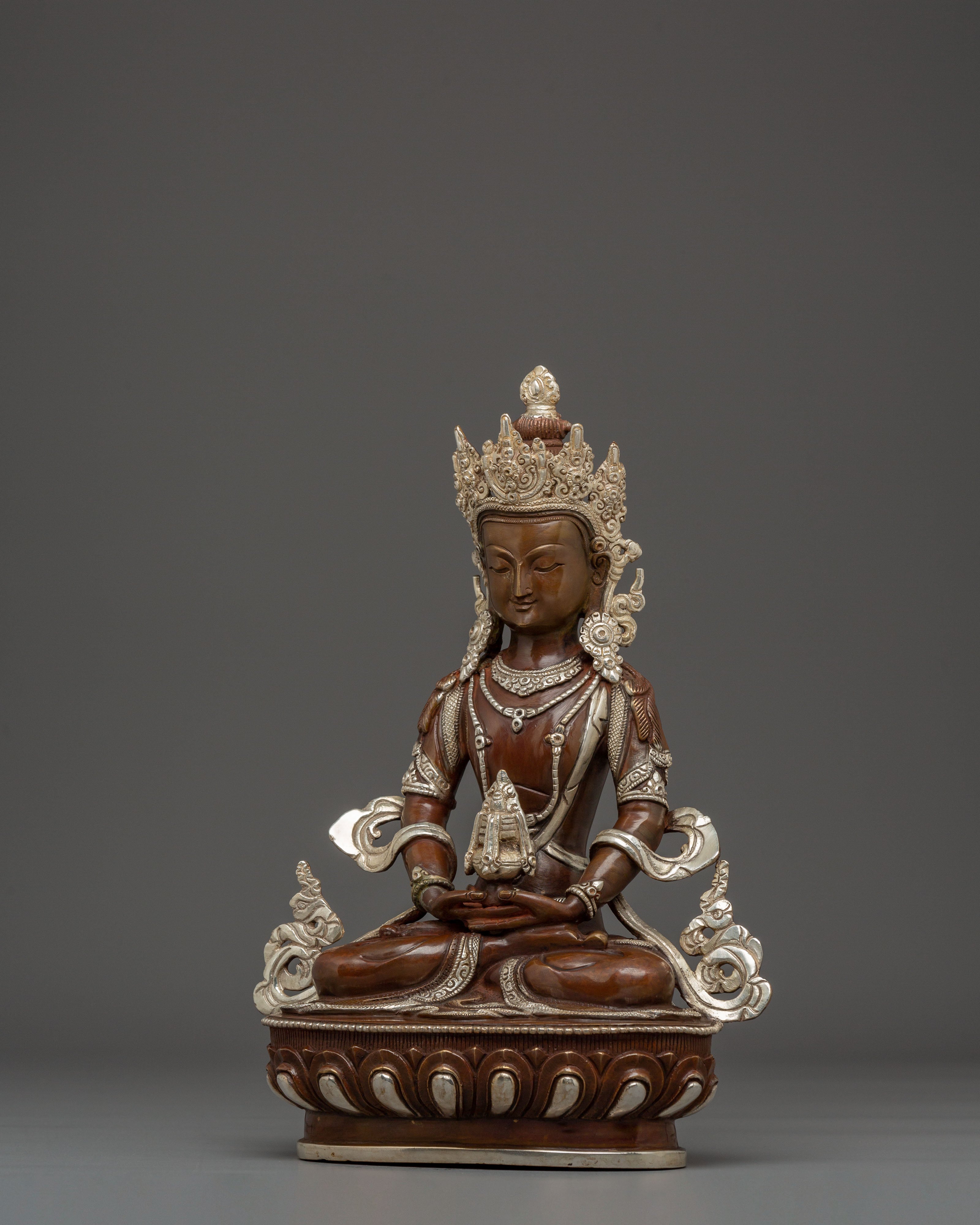 Silver-Plated Oxidized Statue of Healing Buddha Amitayus | Longevity Symbol