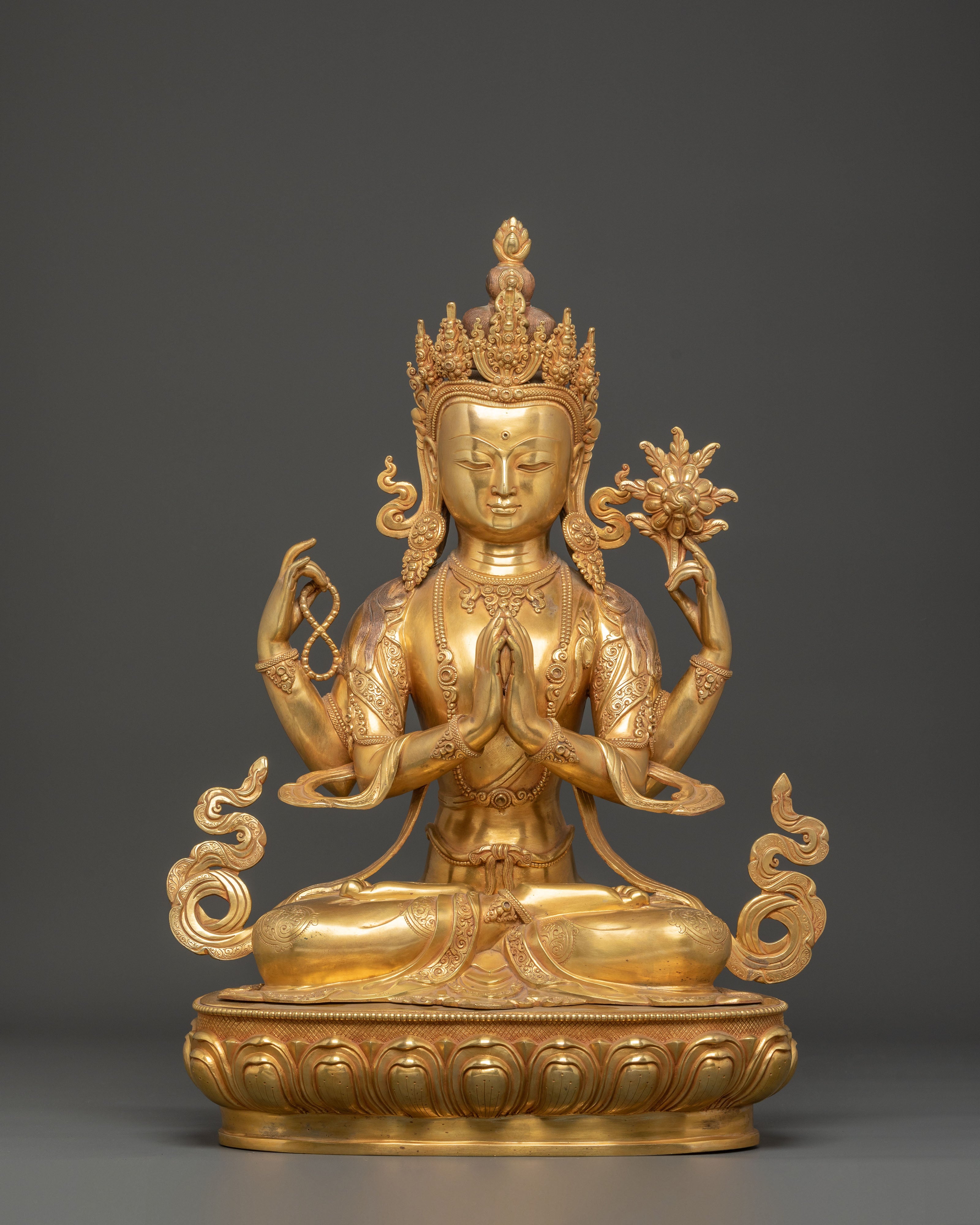 Golden Figurine Of Bodhisattva Chenrezig For Meditation | Tibetan Buddhism