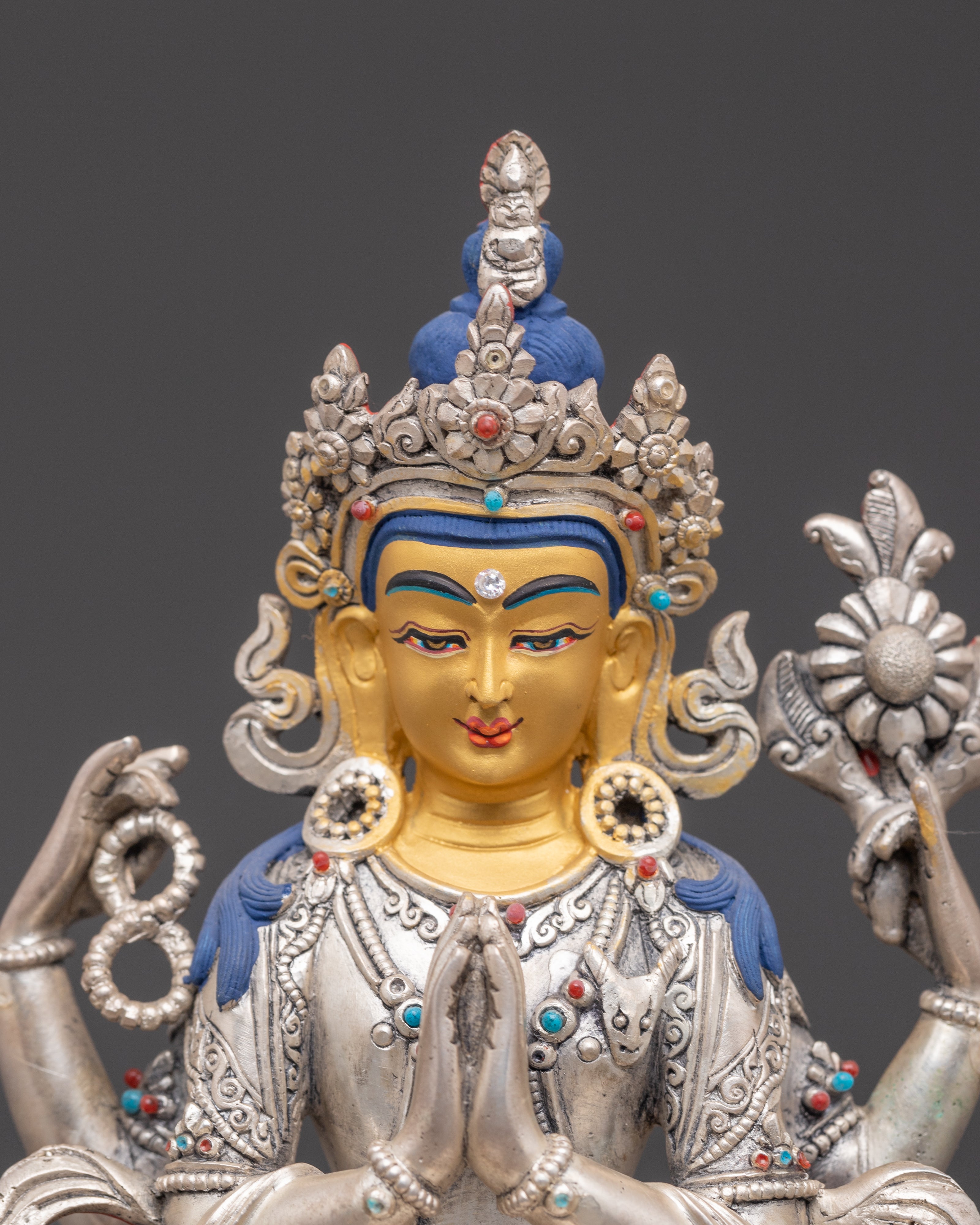 Four-Armed Chenrezig Silver Statue | Avalokiteshvara - Bodhisattva of Compassion