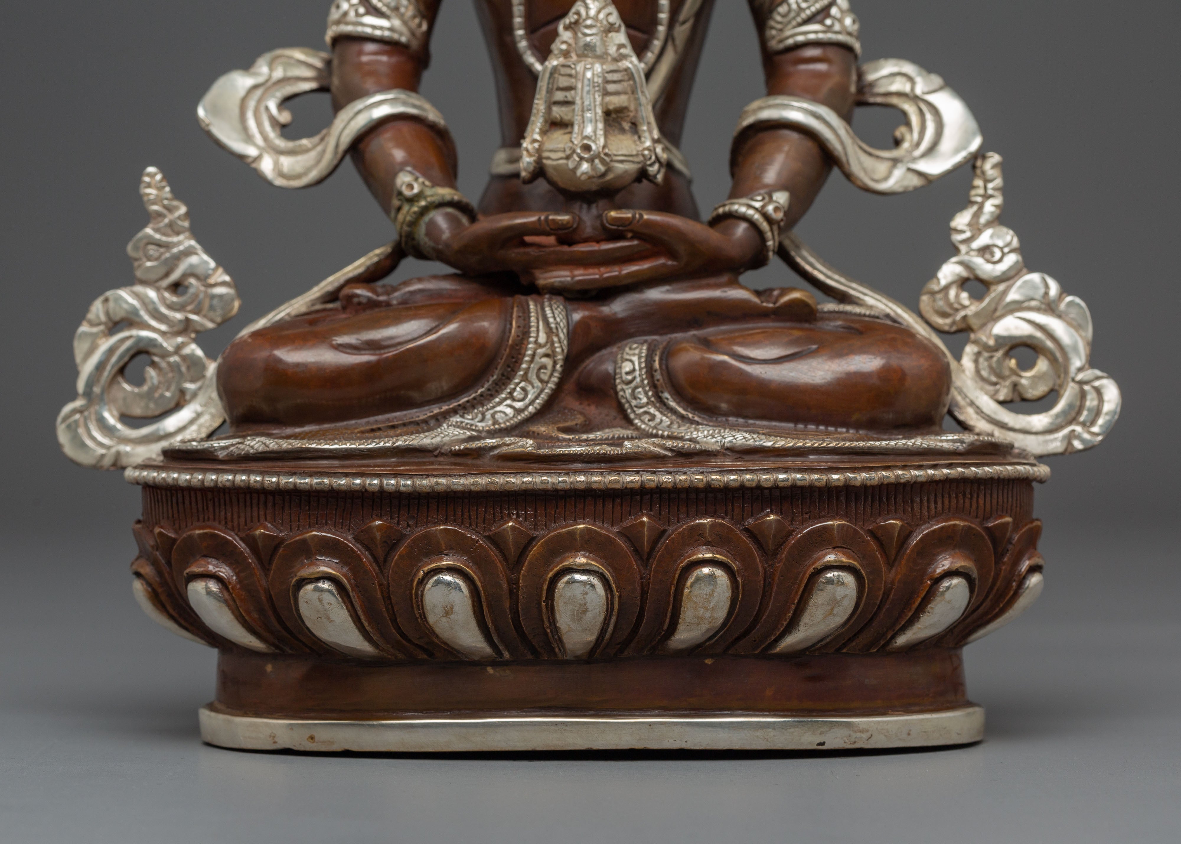Silver-Plated Oxidized Statue of Healing Buddha Amitayus | Longevity Symbol