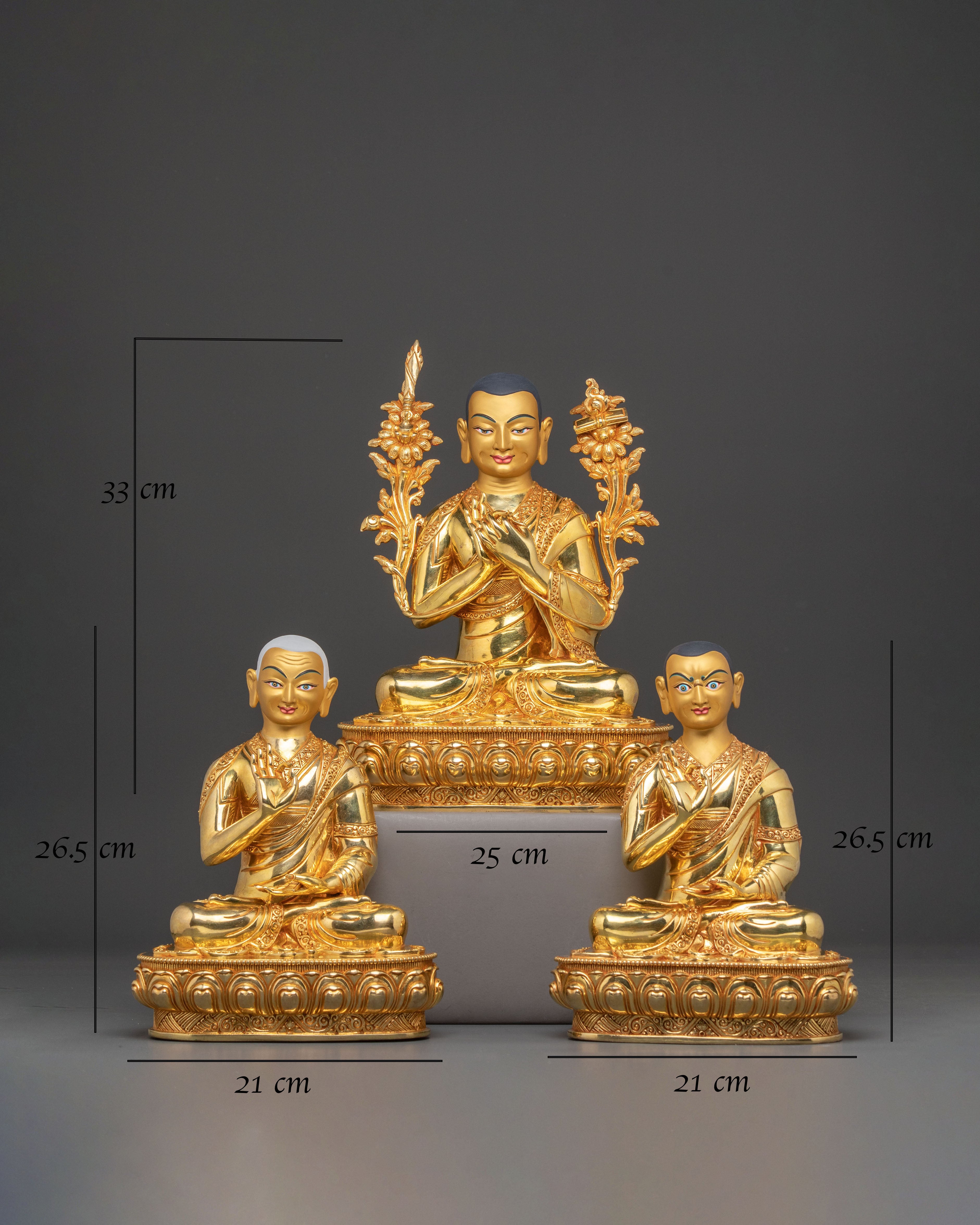 Golden Tsongkhapa Je, Gyaltsab and Khedrup Statue Set