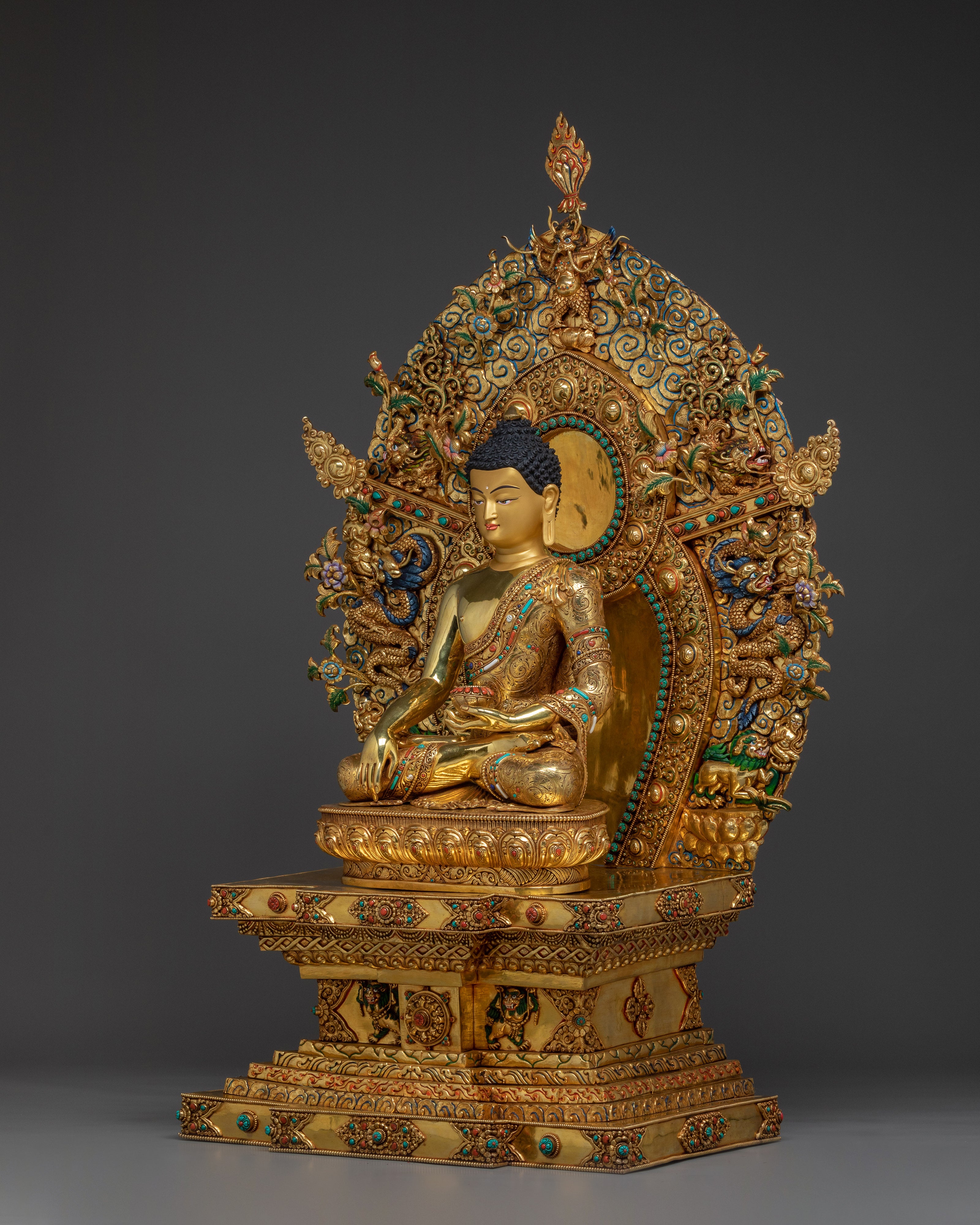 Figurine of Shakyamuni Buddha on throne | Embodying the Noble Path to Enlightenment
