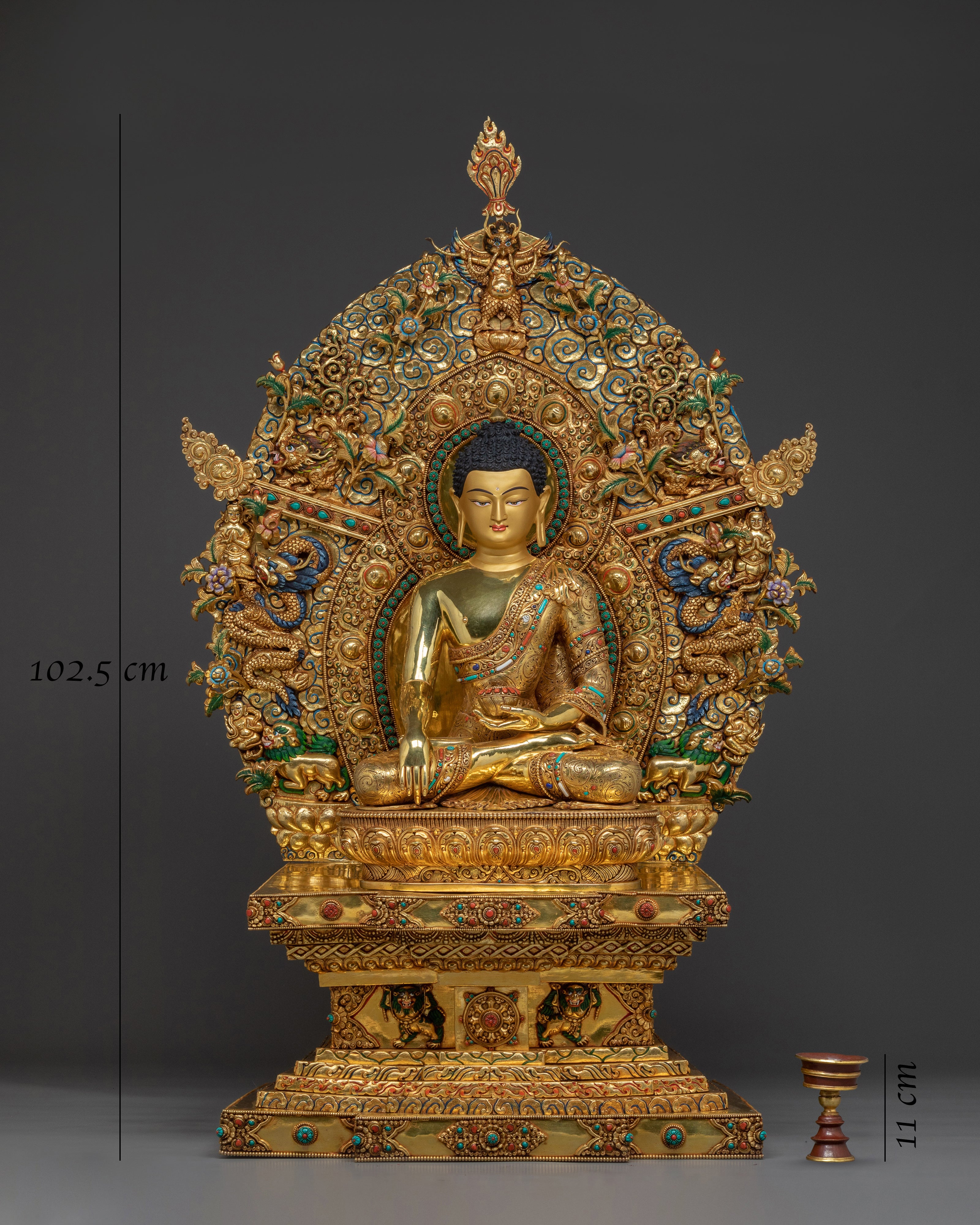 Figurine of Shakyamuni Buddha on throne | Embodying the Noble Path to Enlightenment