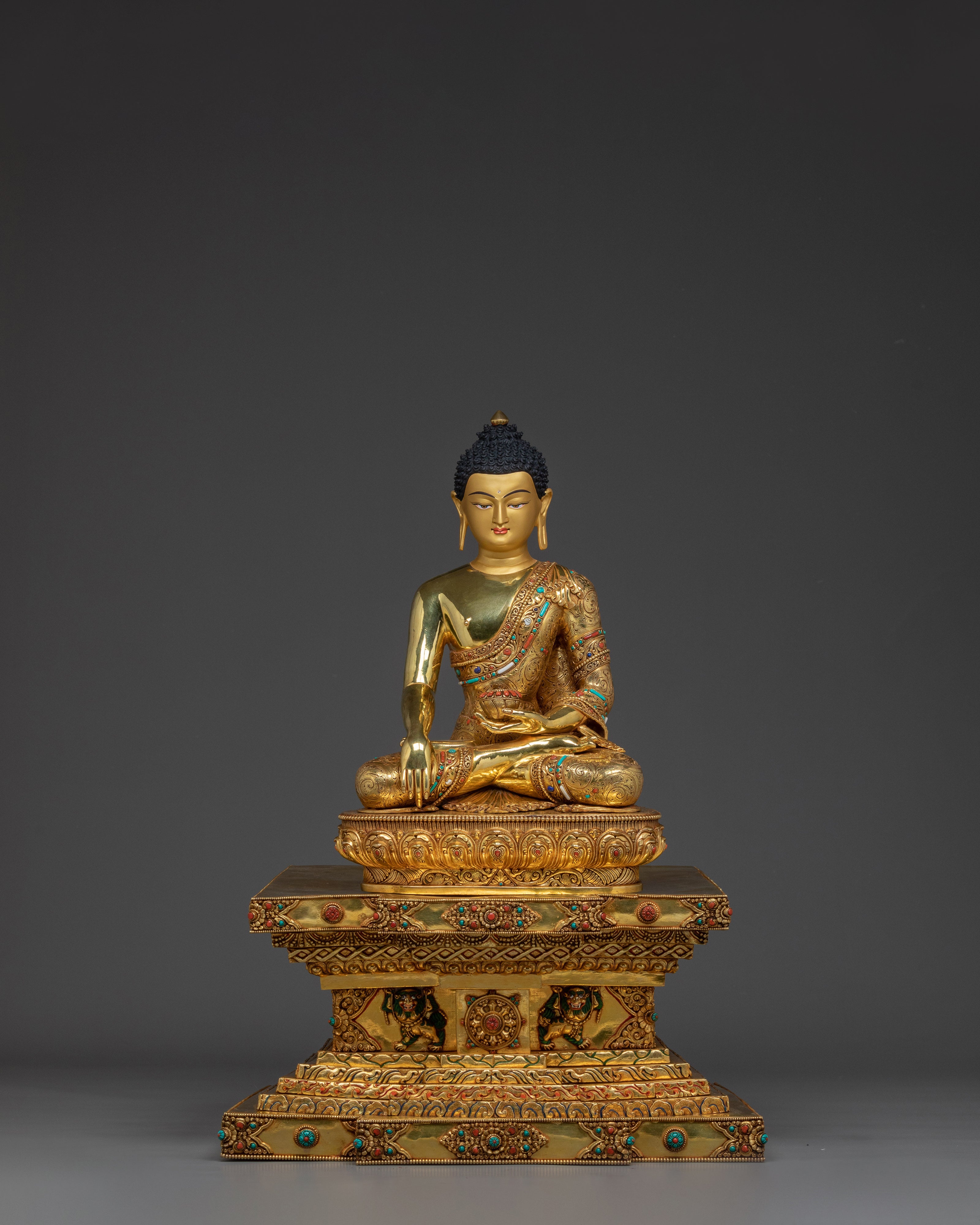 Figurine of Shakyamuni Buddha on throne | Embodying the Noble Path to Enlightenment