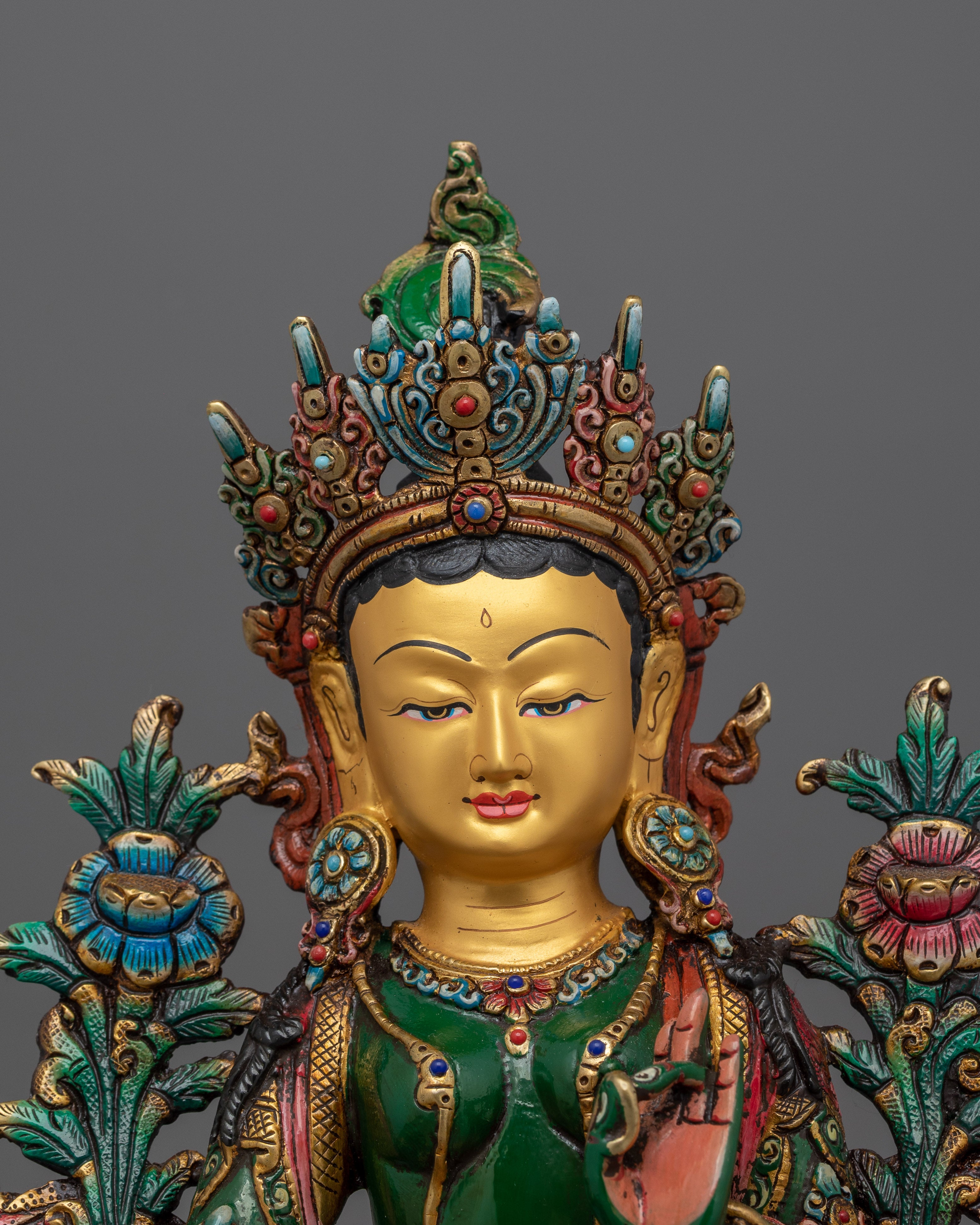 Handcrafted Empathetic Green Tara Deity | 24K Gold-Gilded Buddhist Statue