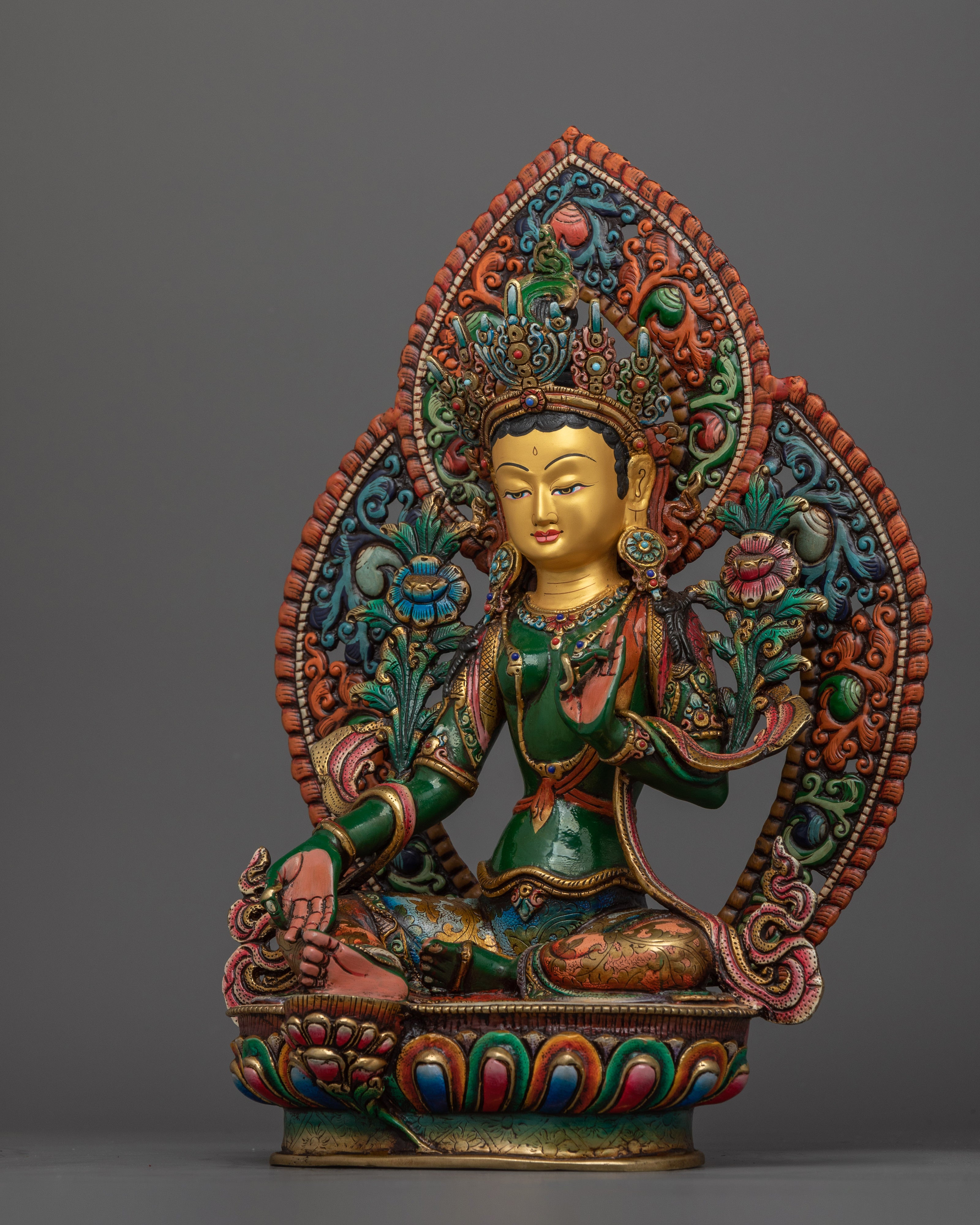Handcrafted Empathetic Green Tara Deity | 24K Gold-Gilded Buddhist Statue