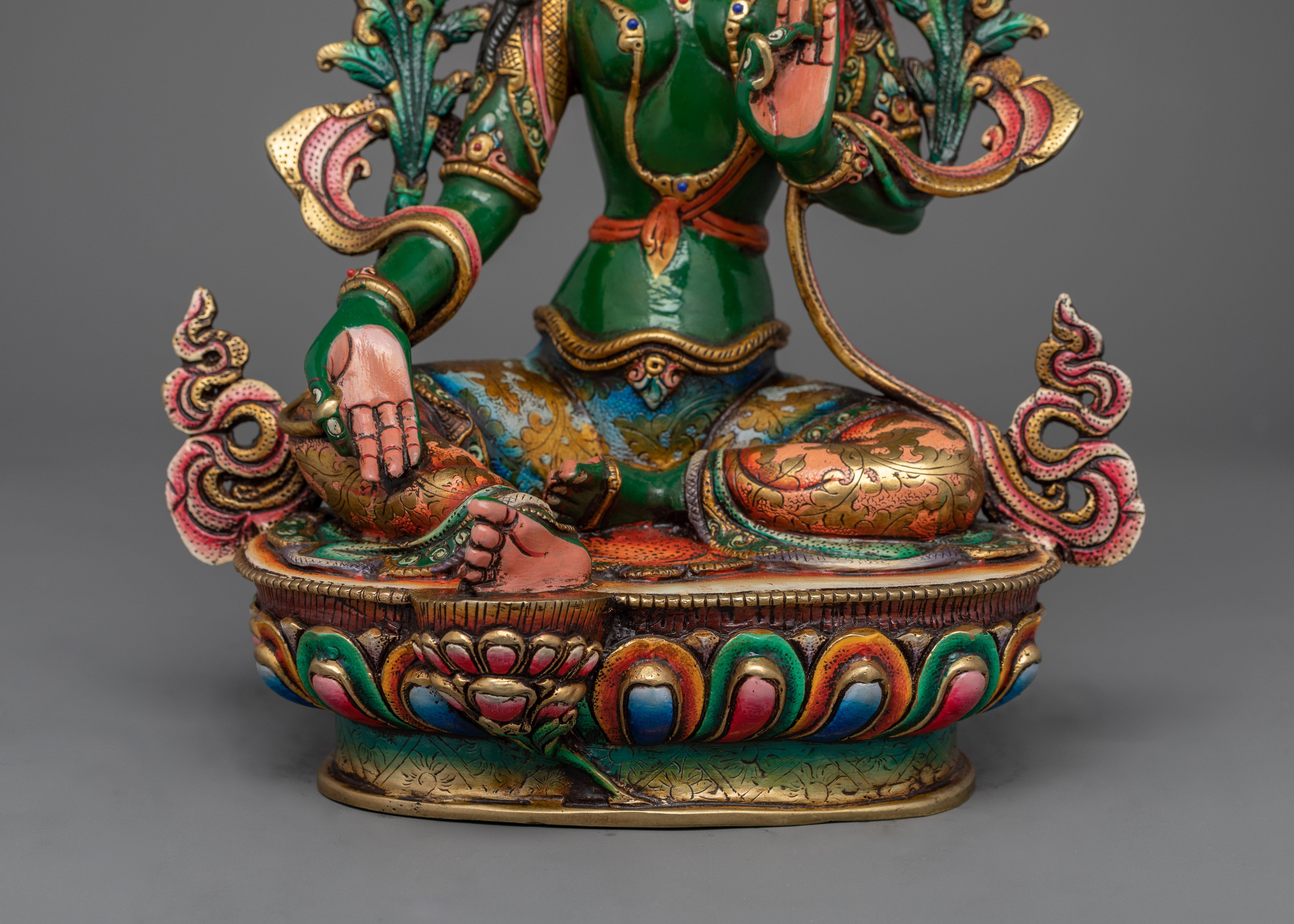 Handcrafted Empathetic Green Tara Deity | 24K Gold-Gilded Buddhist Statue