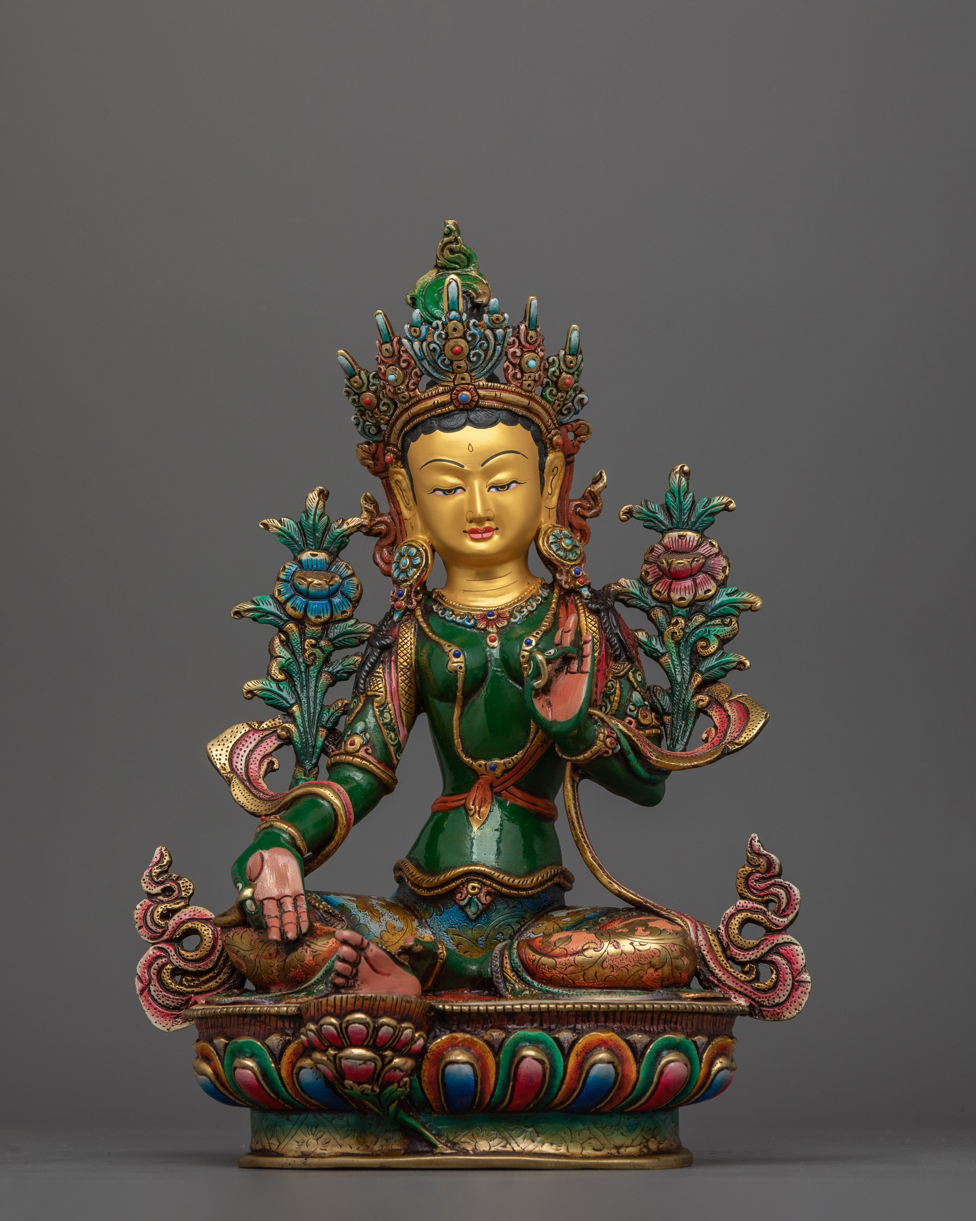 Handcrafted Empathetic Green Tara Deity | 24K Gold-Gilded Buddhist Statue
