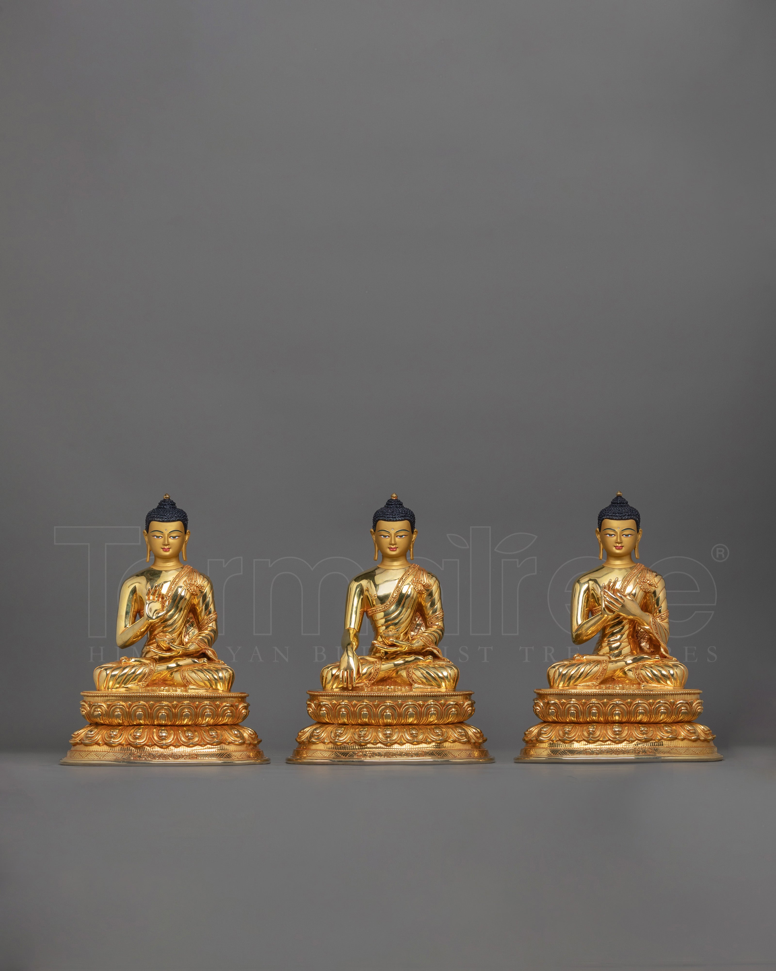 Handcrafted Golden Buddha Trio Set Sculpture | The Path To Enlightenment Teacher