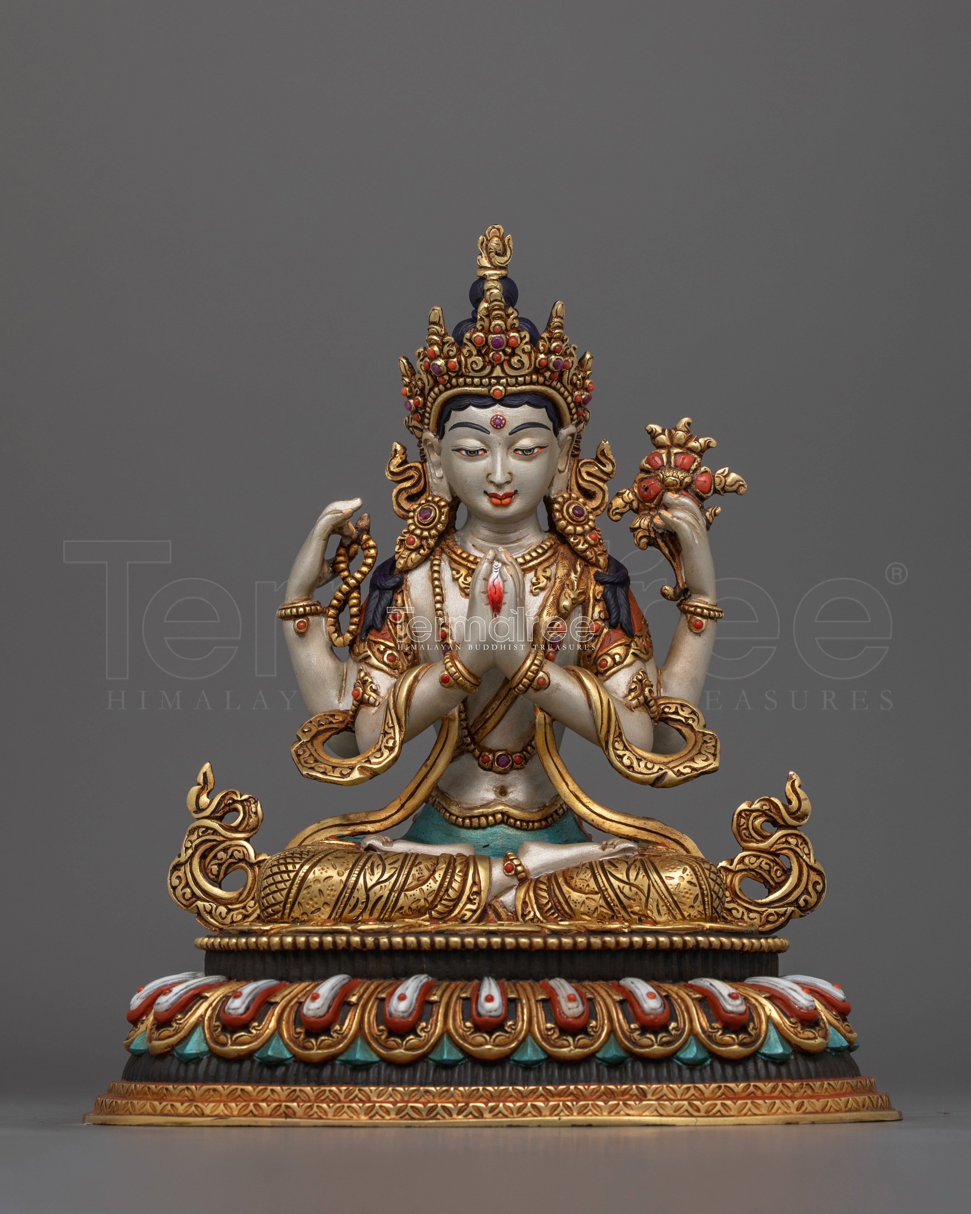 Divine Compassionate Chenrezig Figurine | Mercury Gold Plated Mercy Figure