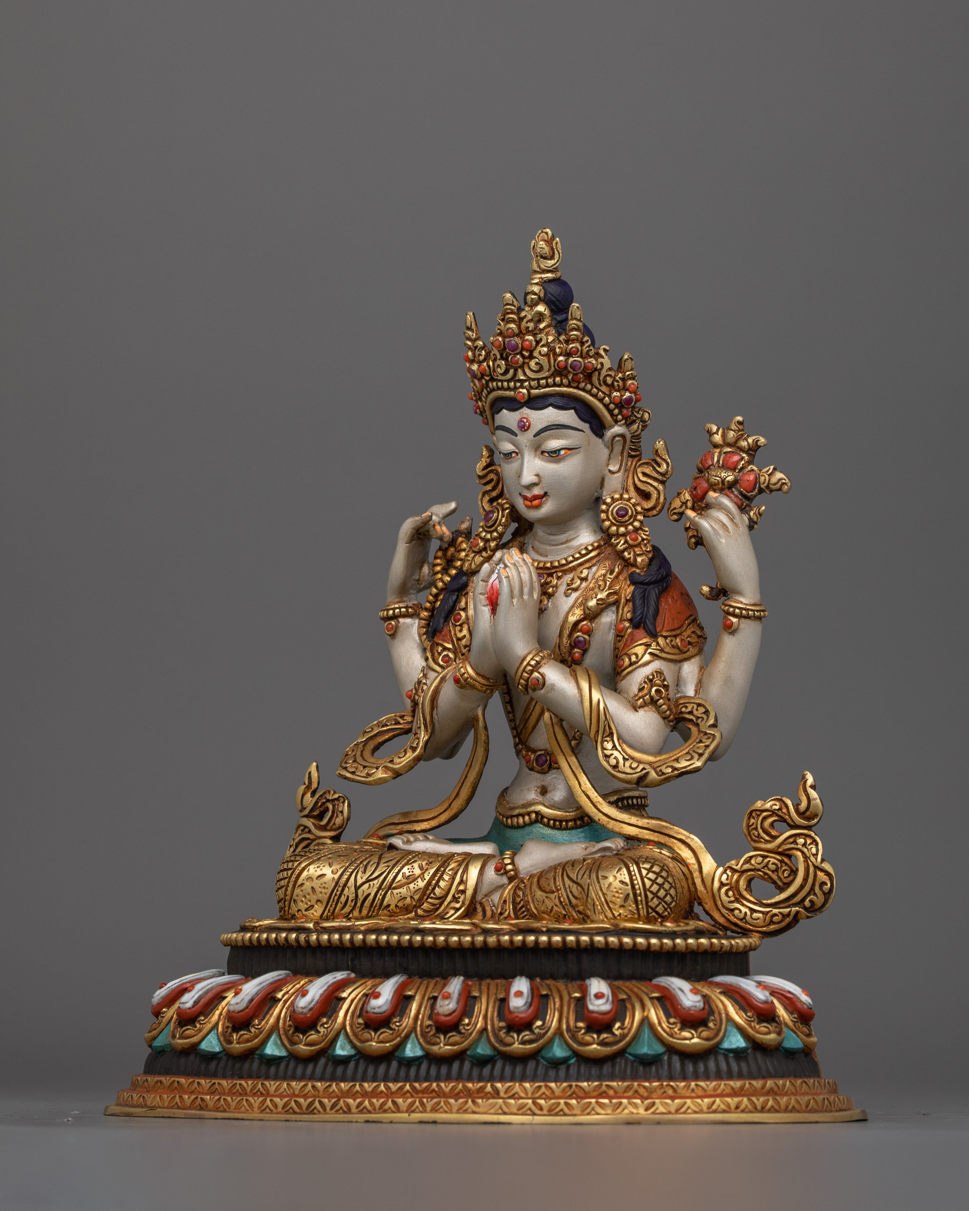 Divine Compassionate Chenrezig Figurine | Mercury Gold Plated Mercy Figure