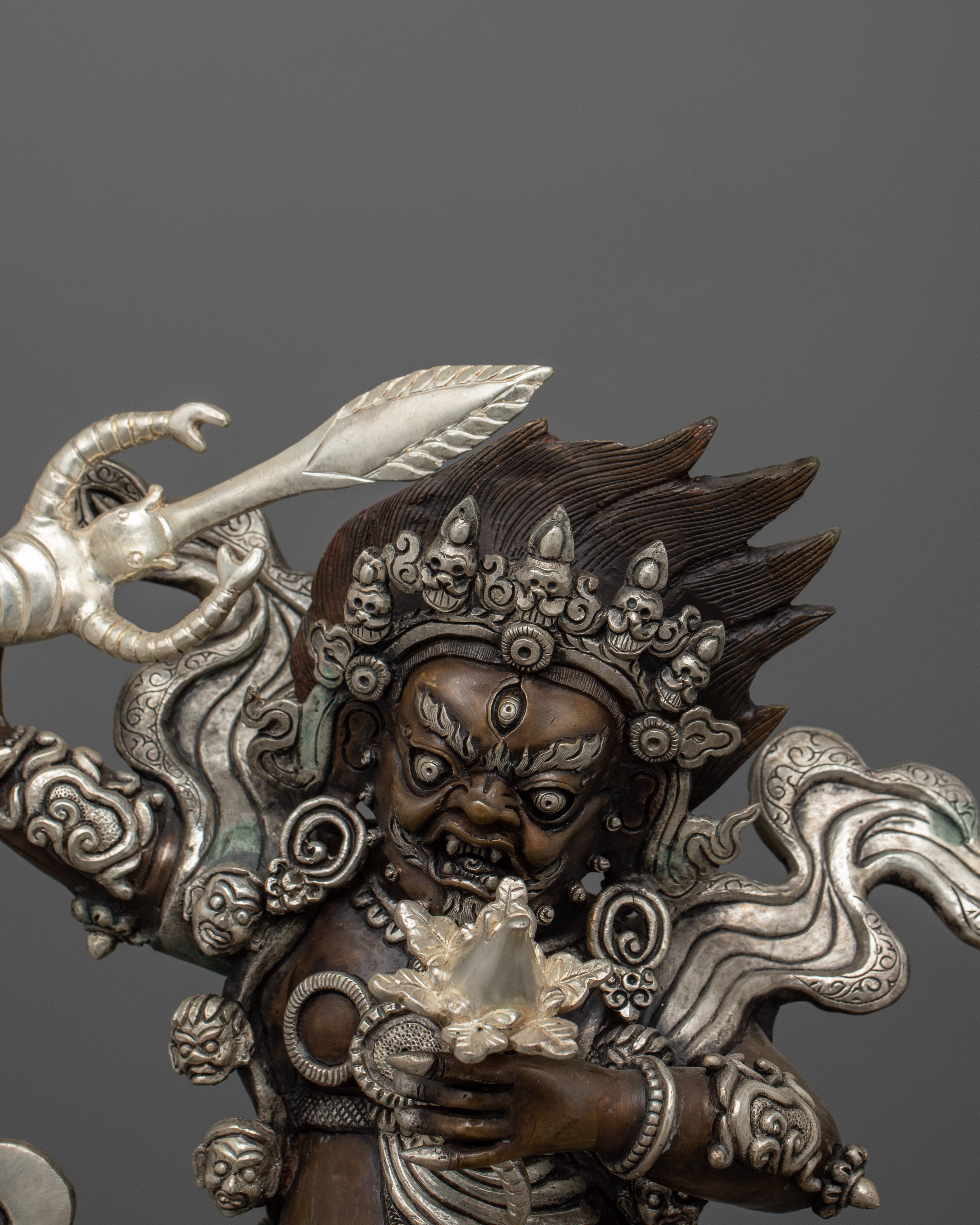 Handcrafted Silver-Plated Begtse Chen Statue | Protector Deity for Spiritual Harmony