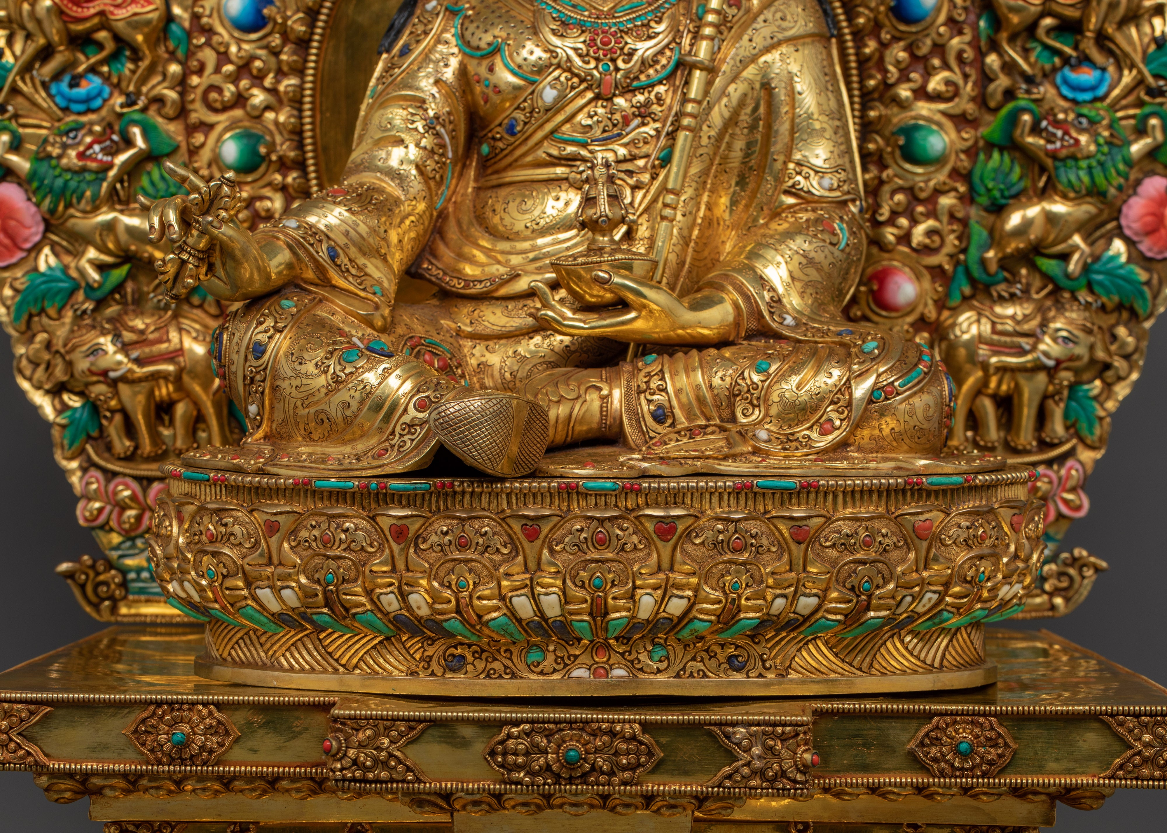 Guru Rinpoche with Sacred Halo Royal Throne Statue | Lotus-Born Padmasambhava Artwork