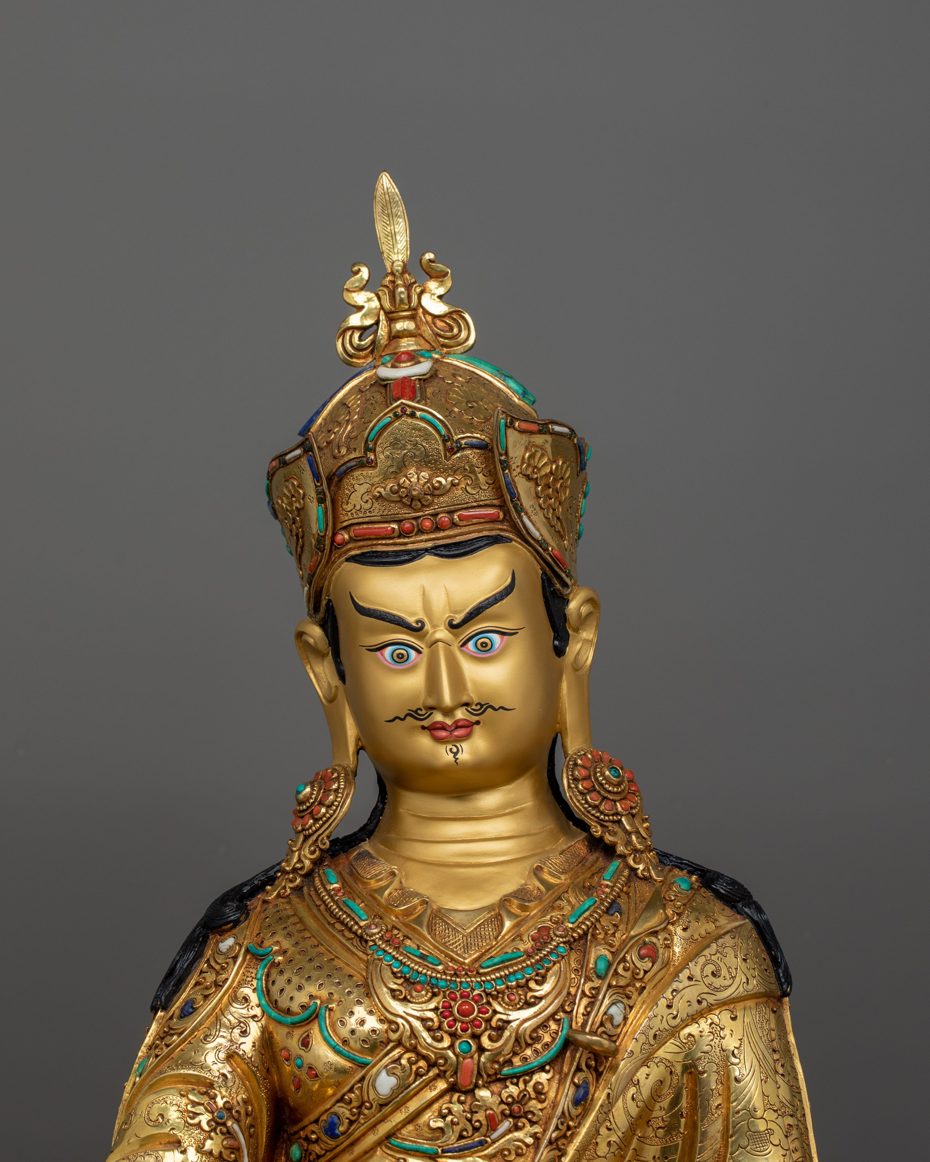 Traditionally Hand-crafted Guru Rinpoche with Two Consorts Sculpture | Tibetan Master