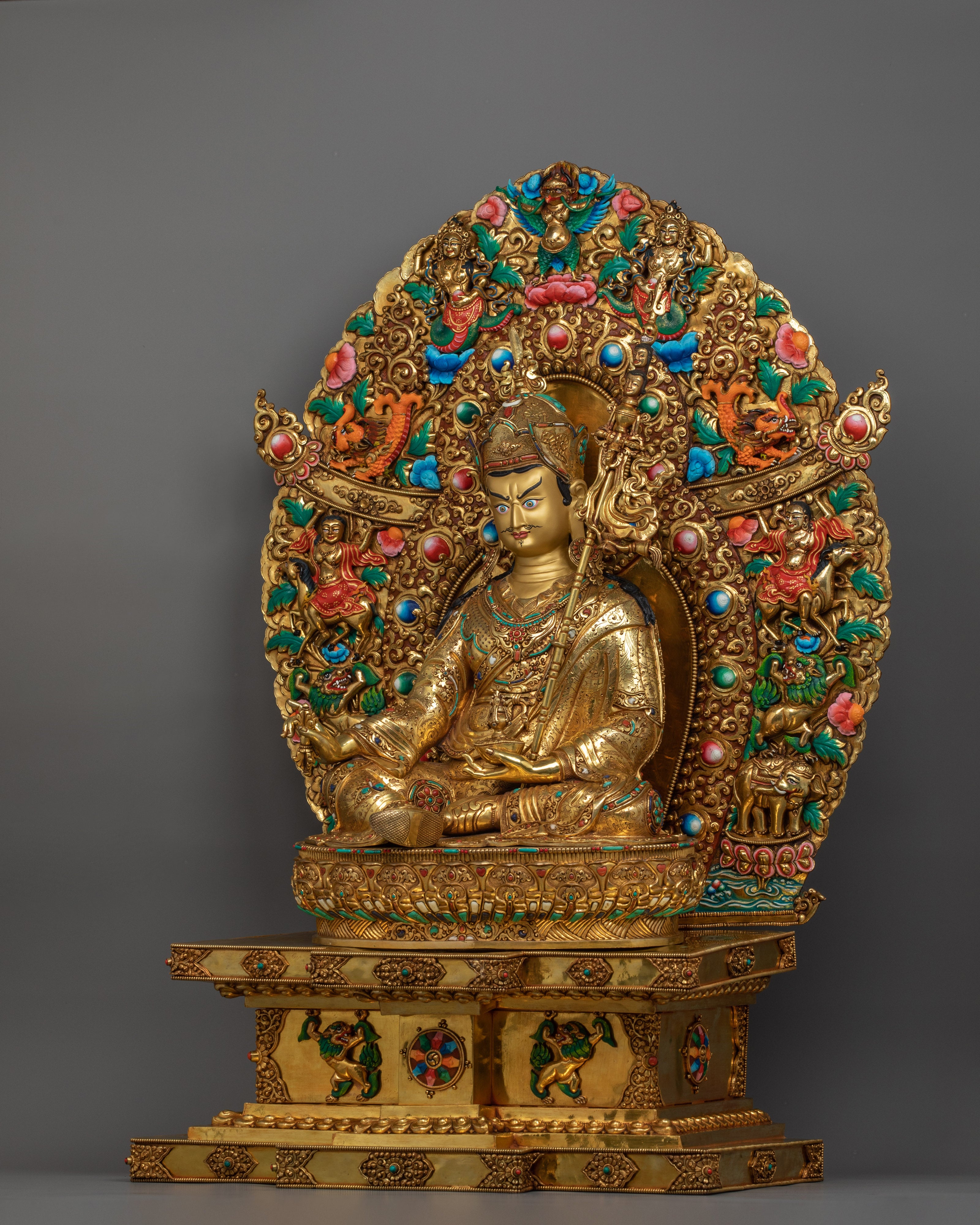Guru Rinpoche with Sacred Halo Royal Throne Statue | Lotus-Born Padmasambhava Artwork