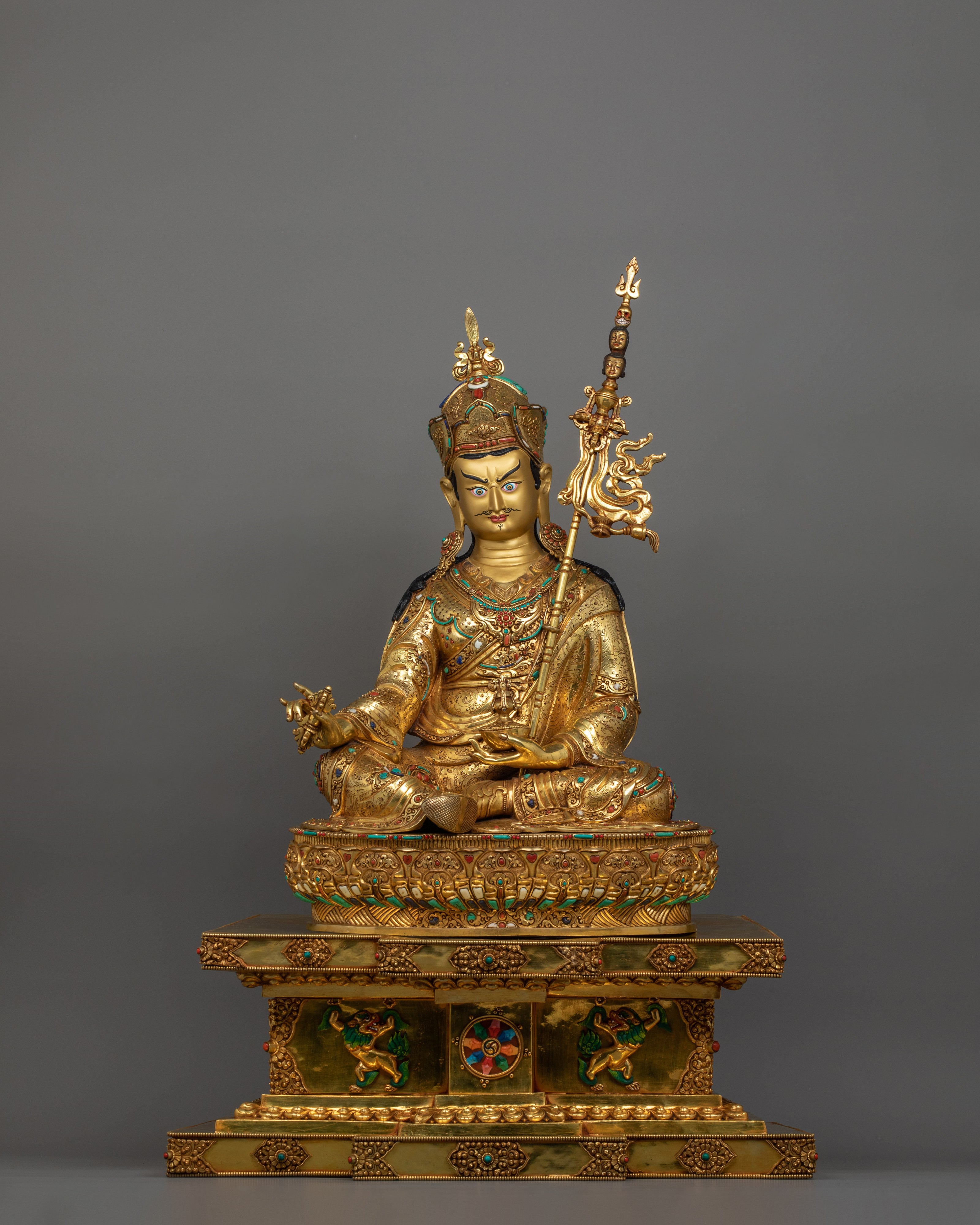 Traditionally Hand-crafted Guru Rinpoche with Two Consorts Sculpture | Tibetan Master