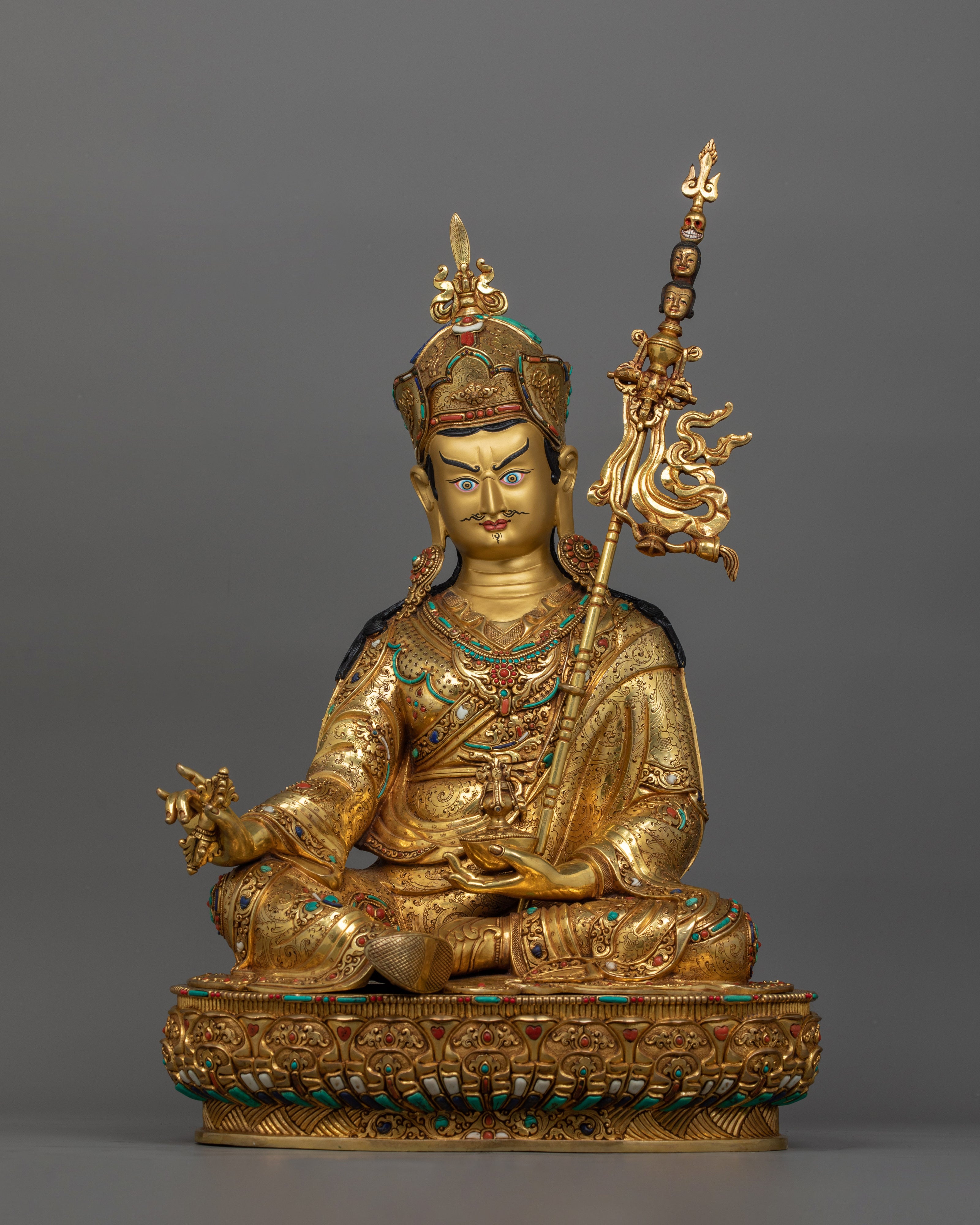 Guru Rinpoche with Sacred Halo Royal Throne Statue | Lotus-Born Padmasambhava Artwork
