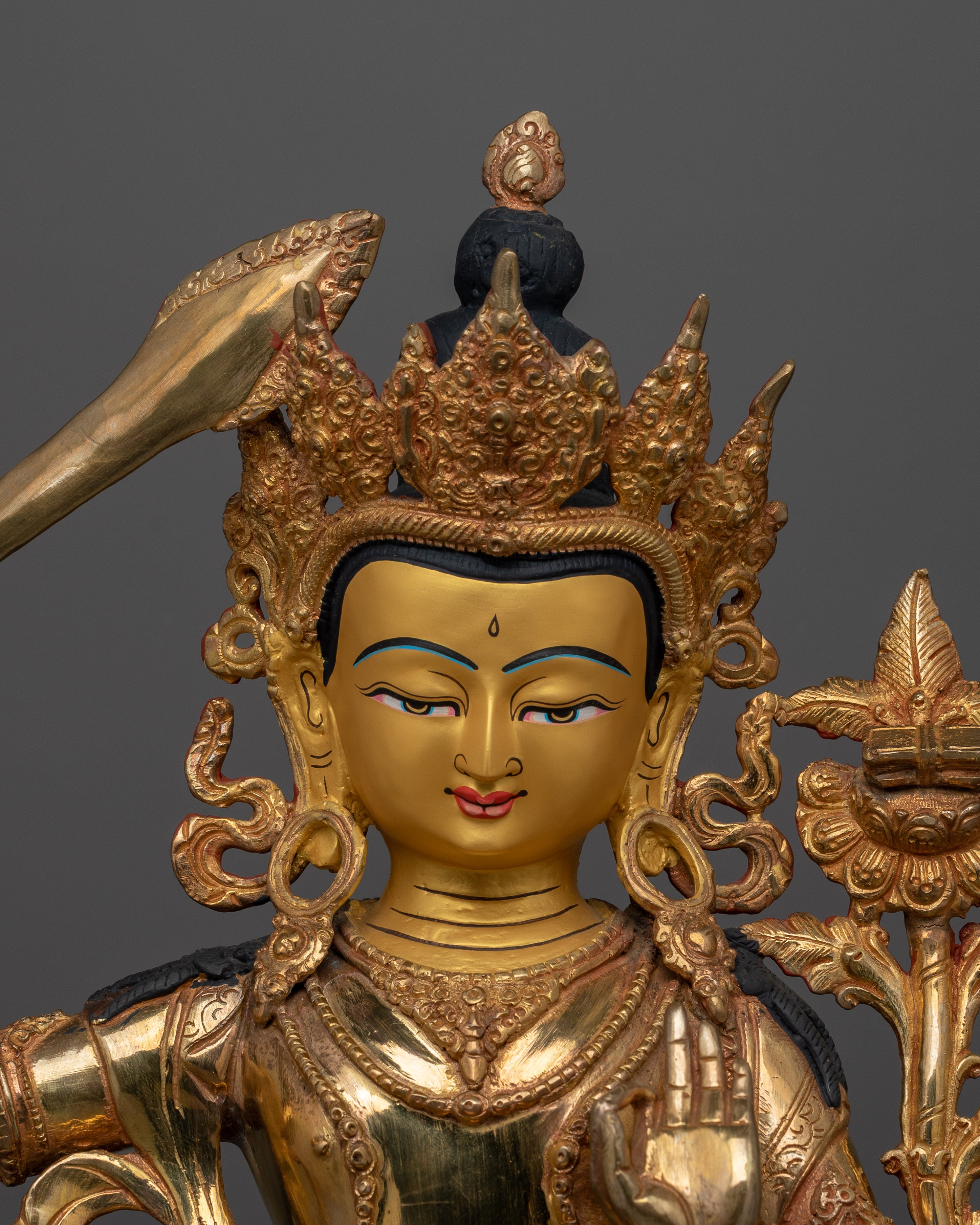 Manjushri with Halo Statue | 24K Gold Gilded Copper Artwork