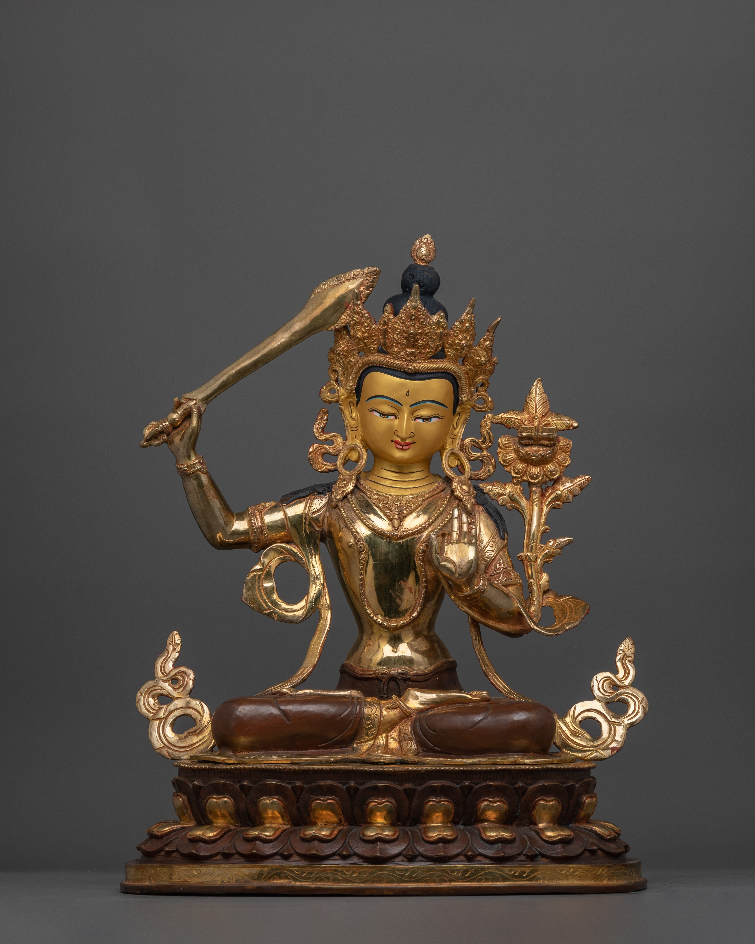 Manjushri with Halo Statue | 24K Gold Gilded Copper Artwork