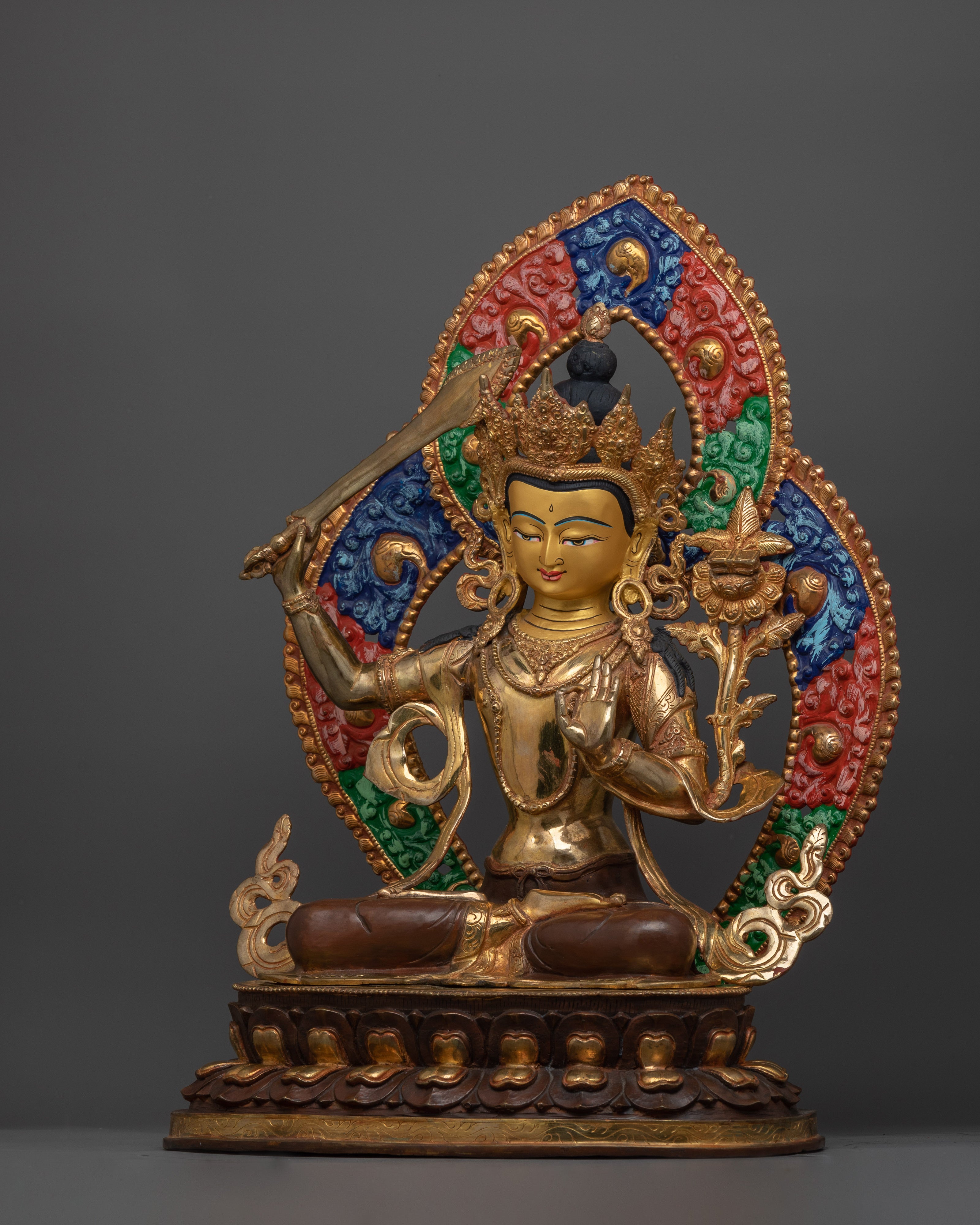 Manjushri with Halo Statue | 24K Gold Gilded Copper Artwork