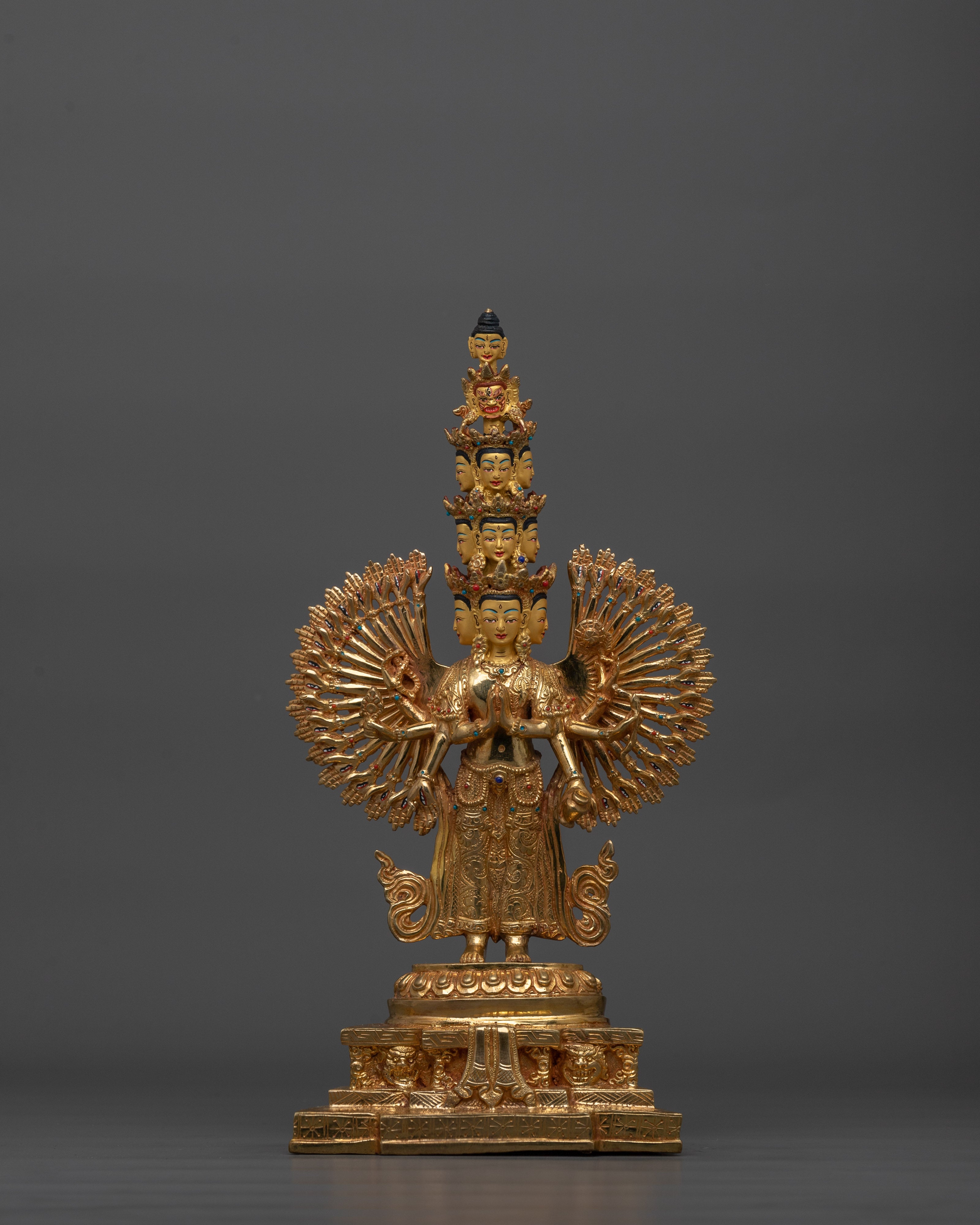 Handcrafted 1000-Armed Chenrezig Statue | 14.6” 24K Gold Gilded Sculpture