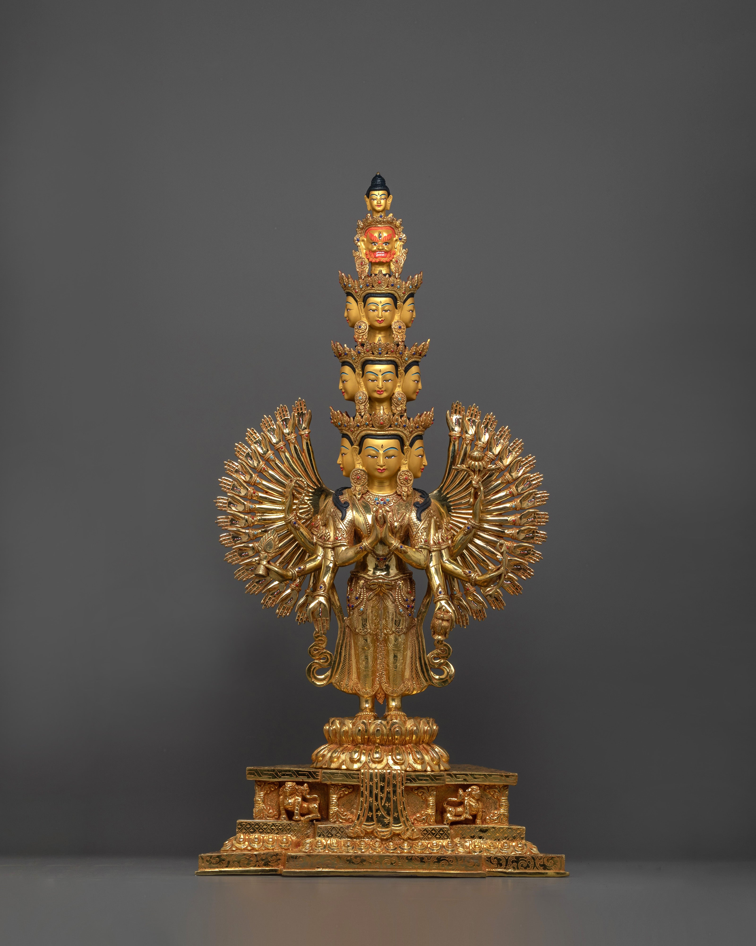 One Thousand Armed Chenrezig Statue | 32.1” 24K Gold Gilded Copper Artwork