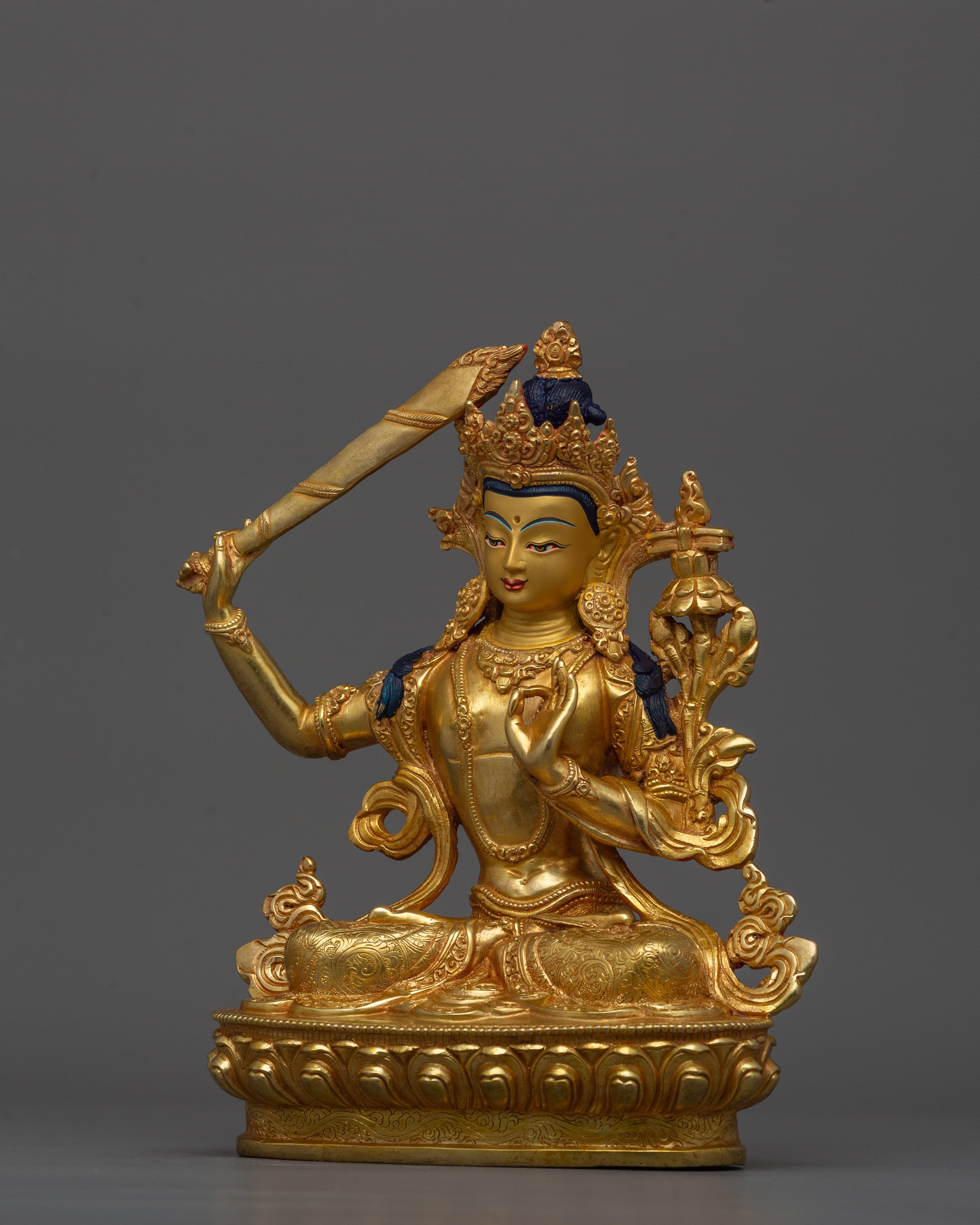 Wisdom Deity Manjushri Figurine | 24K Gold Gilded Teacher of the Buddhas