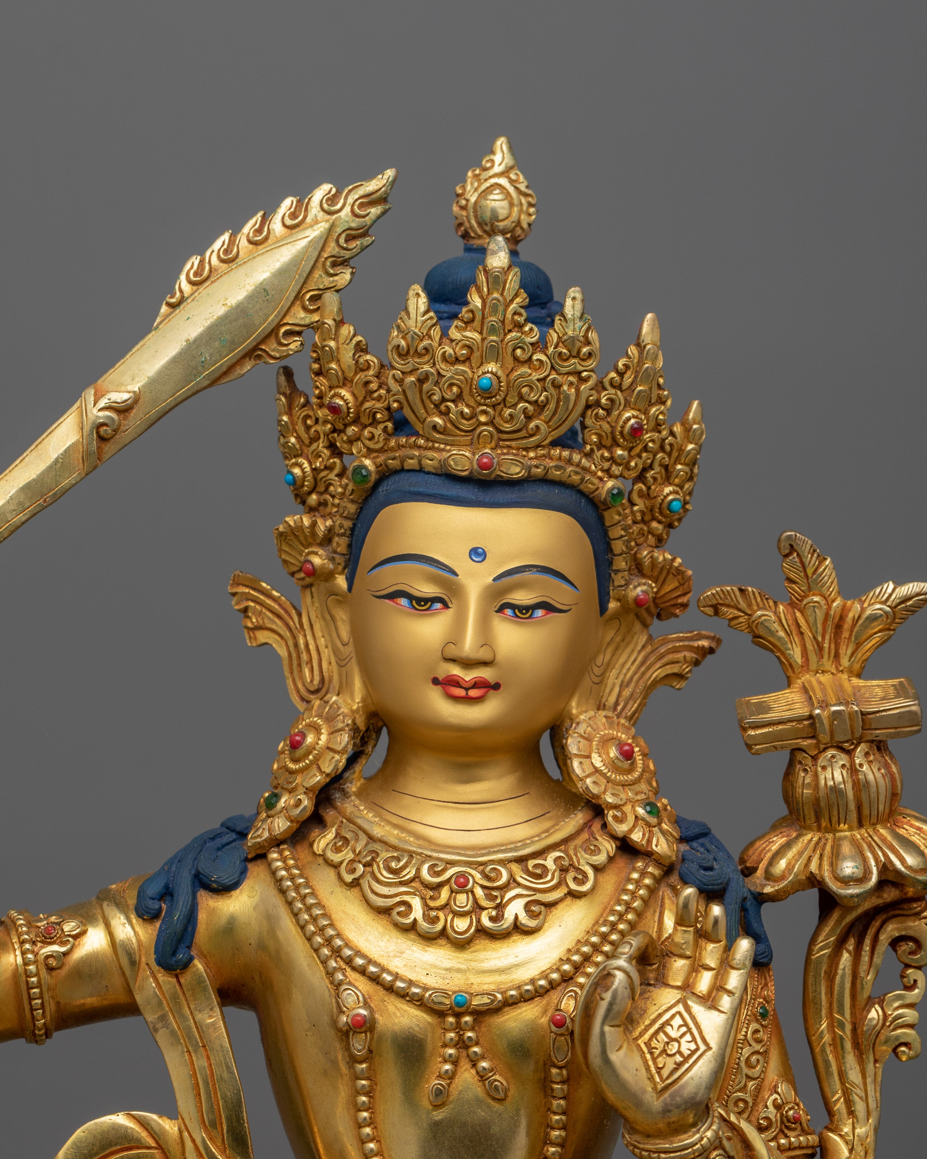 Wisdom Deity Simhanada Manjushri Statue on a Lion | Handmade in Nepal