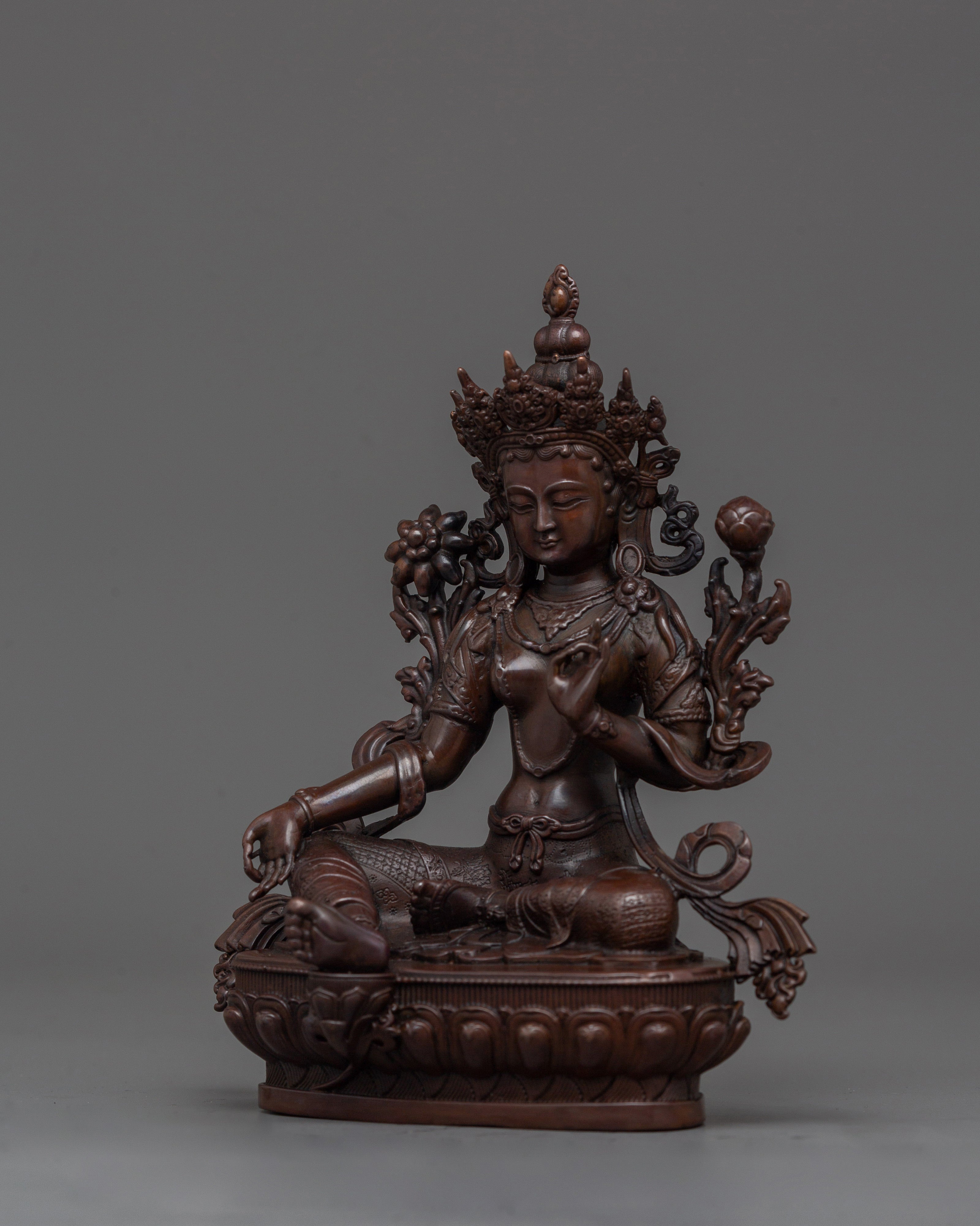 Graceful Green Tara Statue | 6.5” Oxidized Copper Miniature