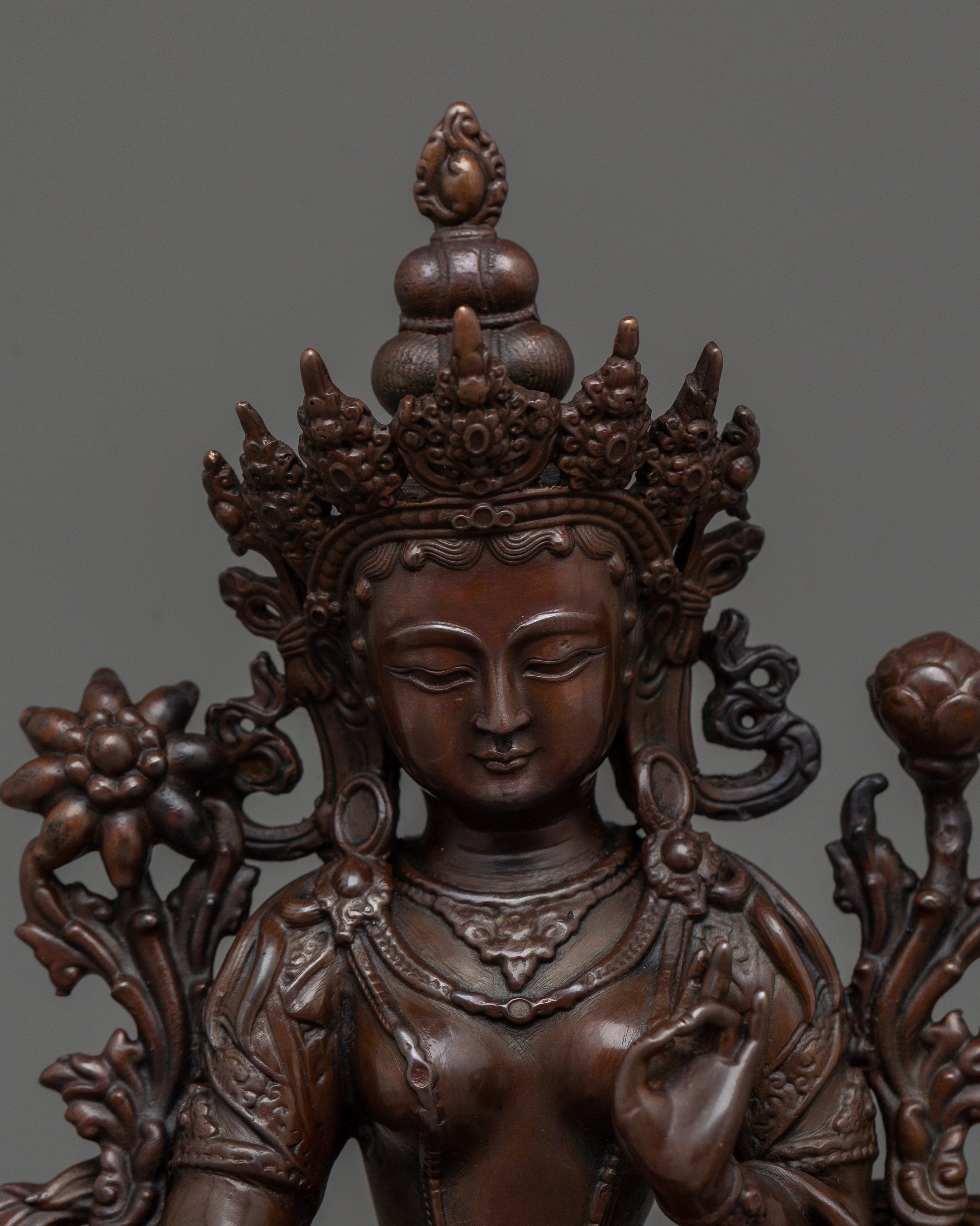 Graceful Green Tara Statue | 6.5” Oxidized Copper Miniature