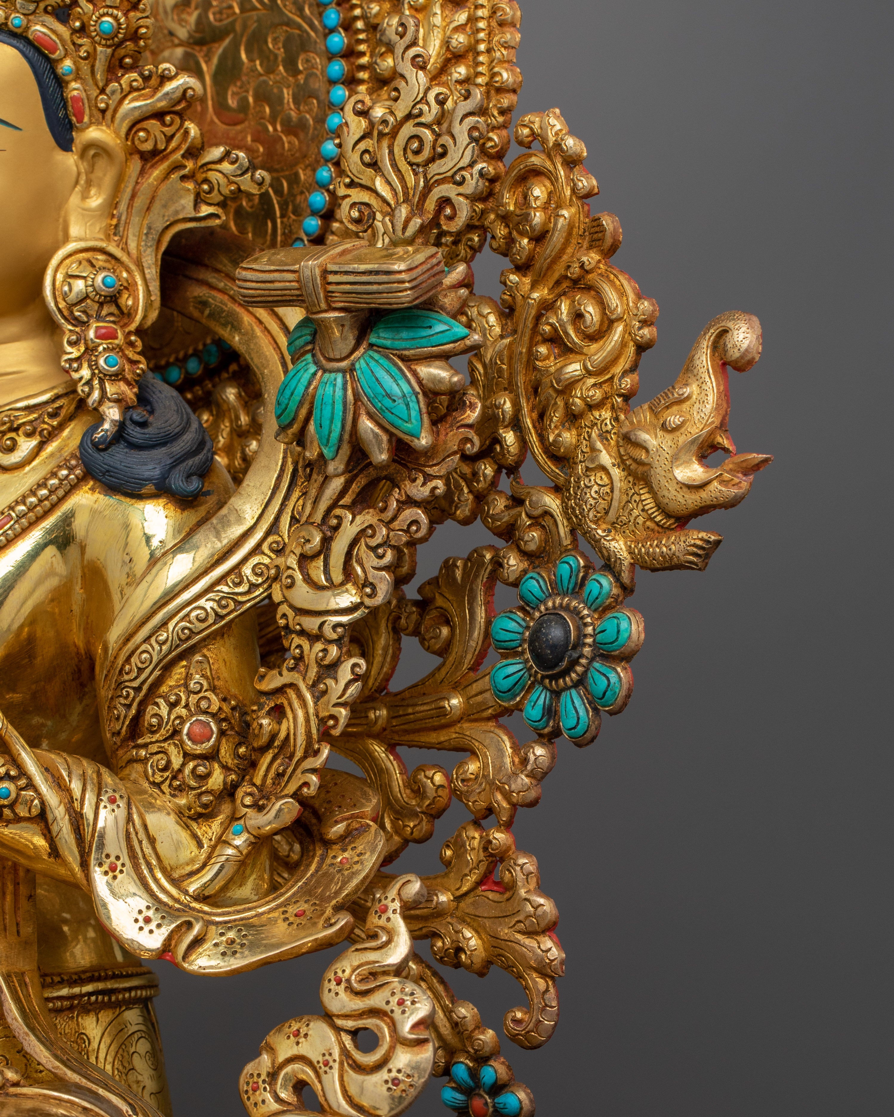 Exquisite Manjushri Gold Statue | Fine Handmade Sculpture of Wisdom Deity