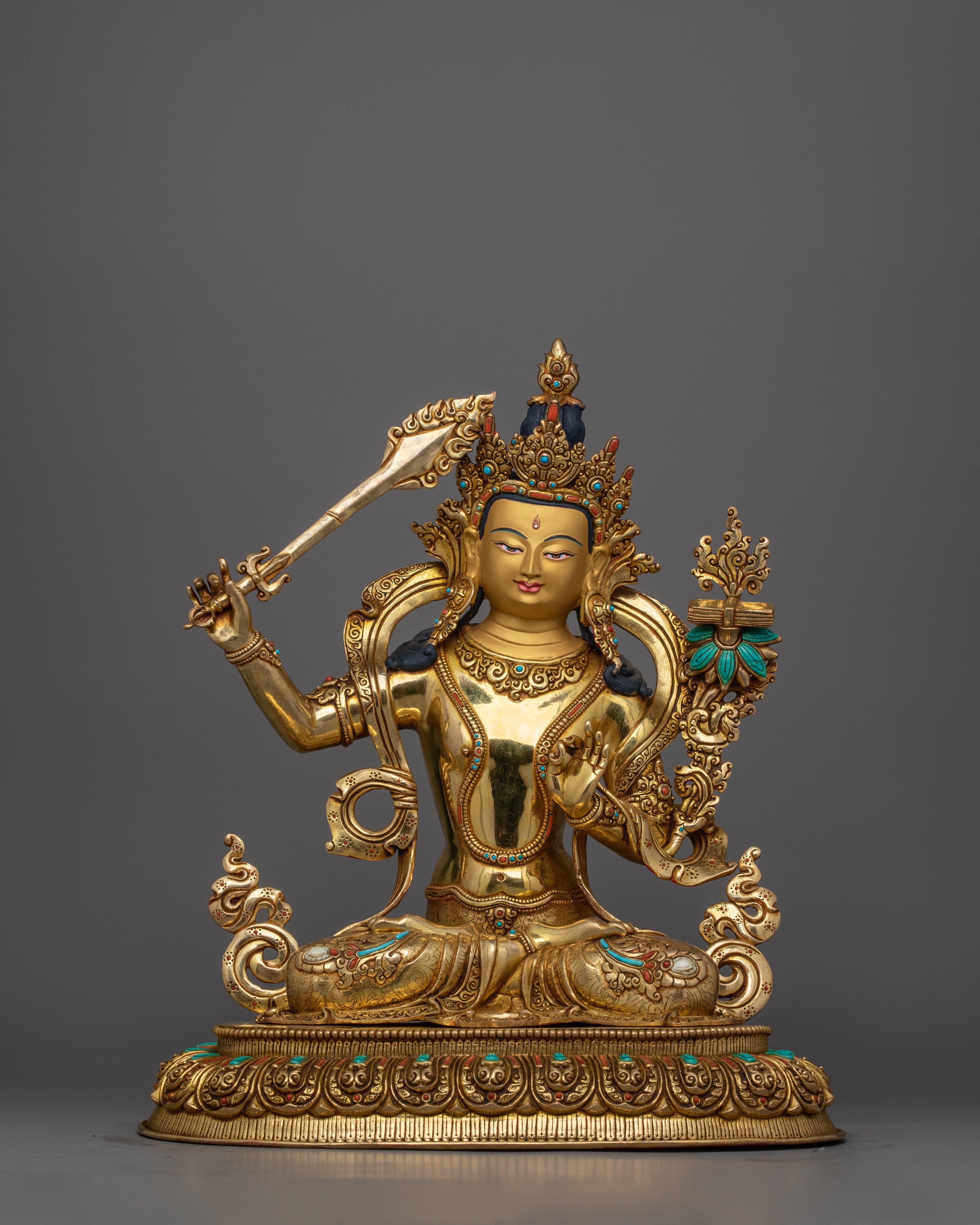 Exquisite Manjushri Gold Statue | Fine Handmade Sculpture of Wisdom Deity
