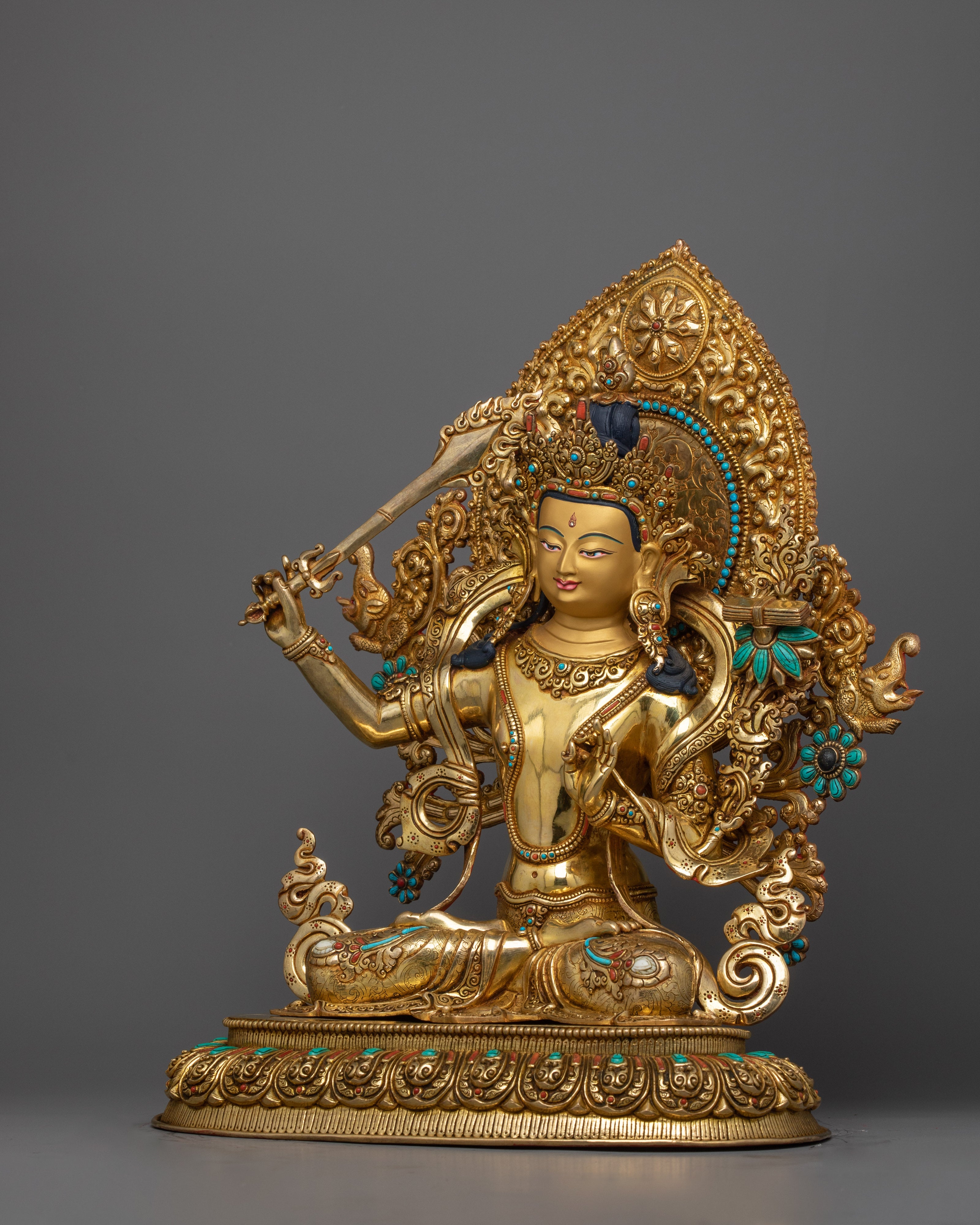 Exquisite Manjushri Gold Statue | Fine Handmade Sculpture of Wisdom Deity