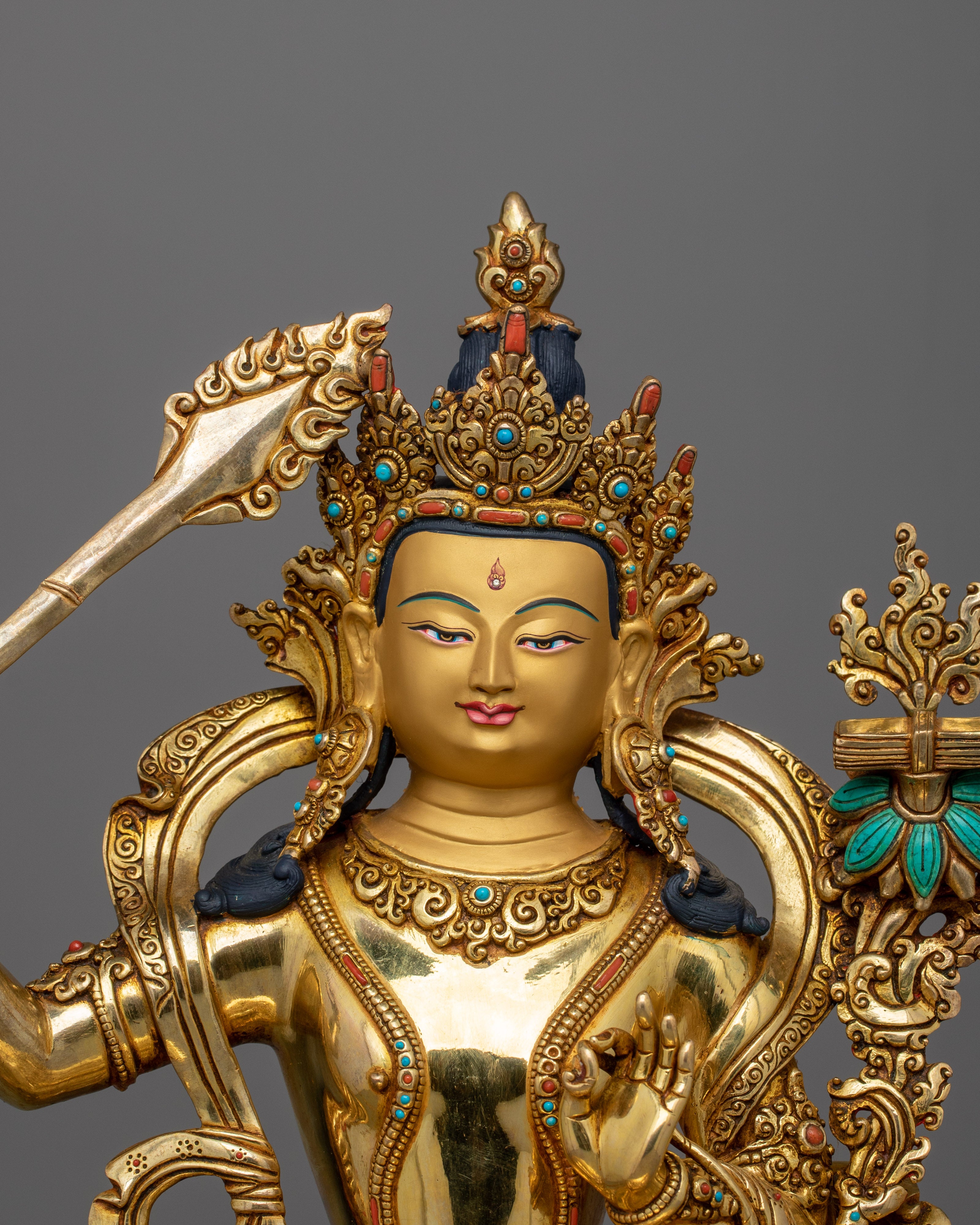 Exquisite Manjushri Gold Statue | Fine Handmade Sculpture of Wisdom Deity