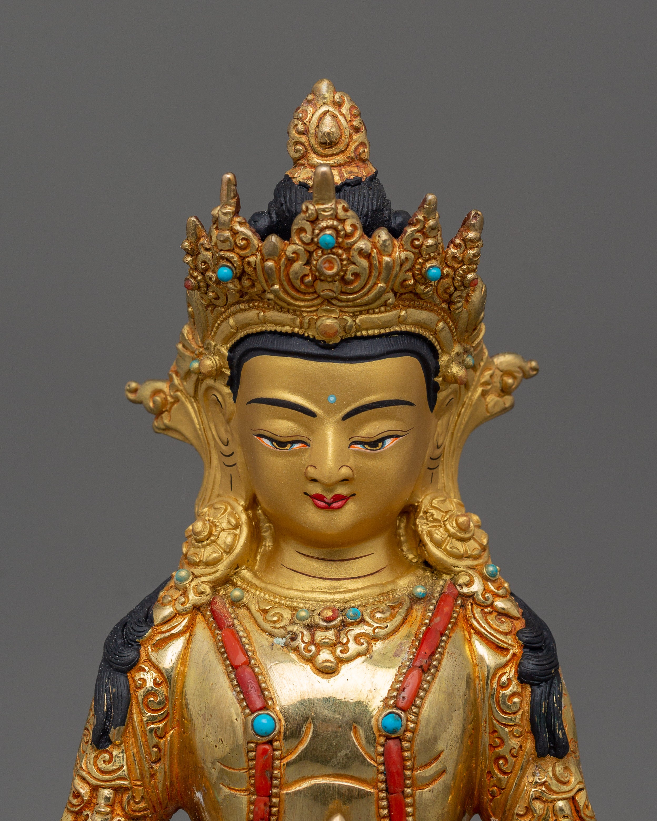 Buddhist Amitayus Long Life deity Statue | Gold Gilded Traditional Himalayan Art