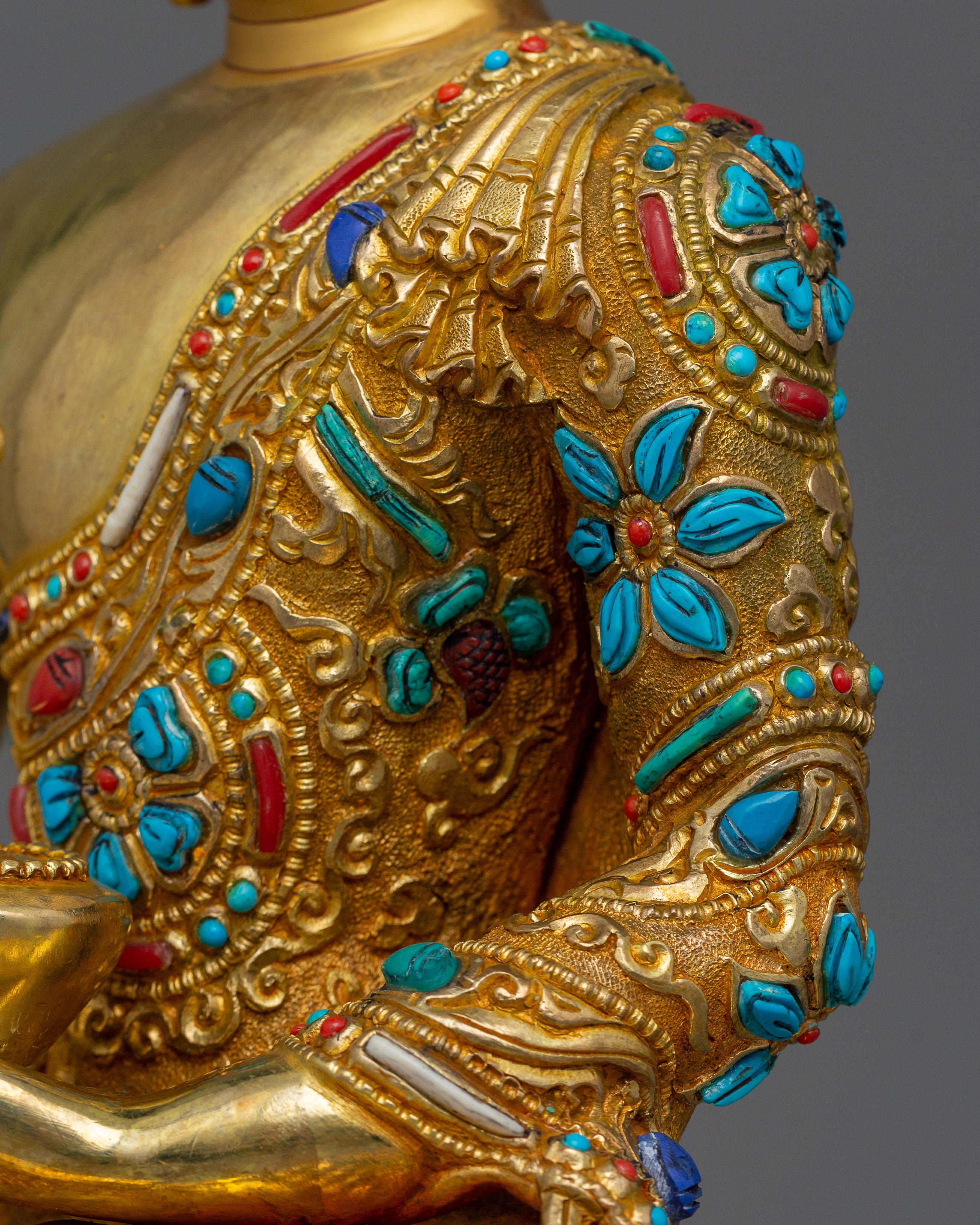 Shakyamuni Buddha adorned with Gemstone Statue | 24k Gold Gilded Sculpture