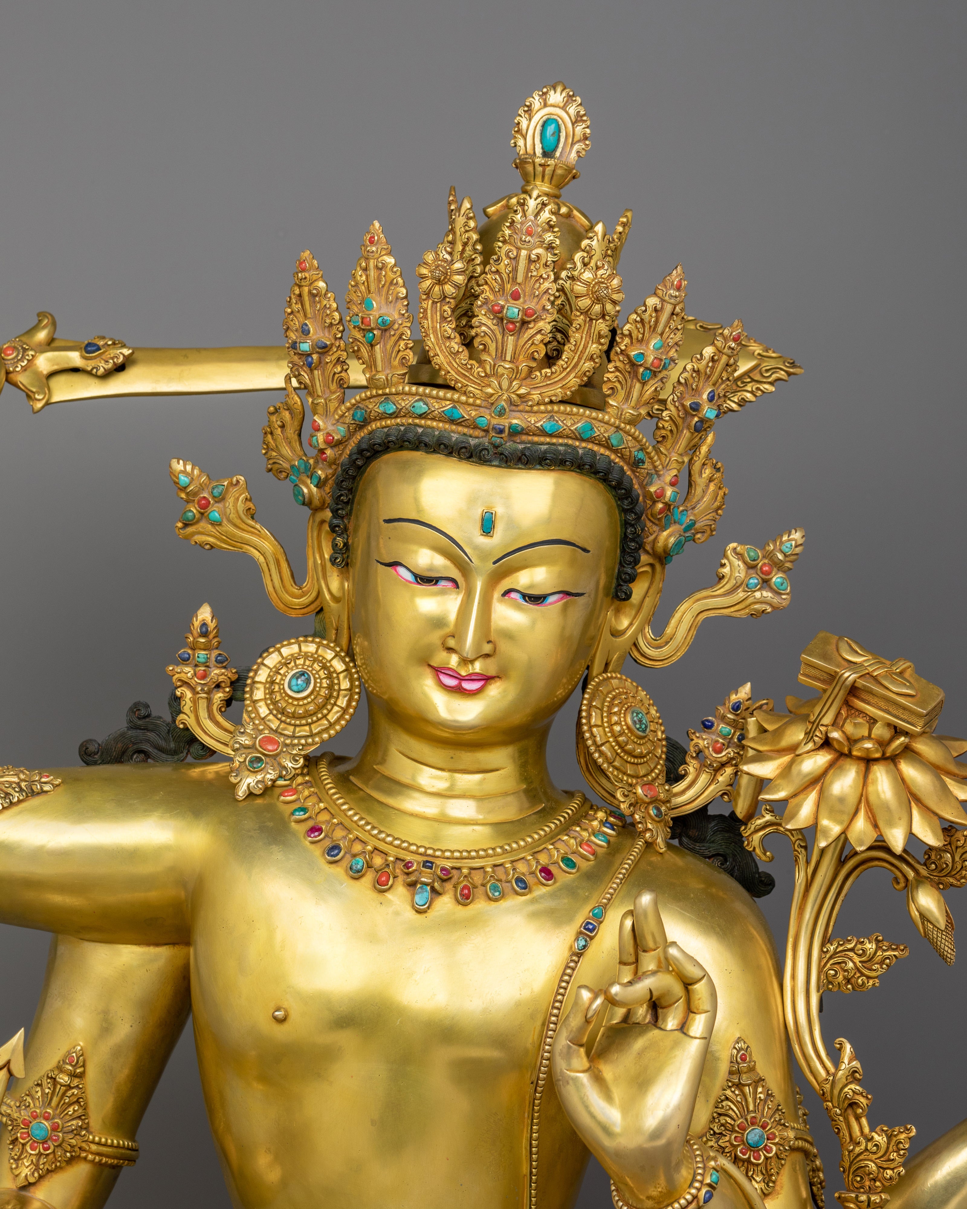 31.1 Inch Maha Manjushri Buddhist Sculpture | Bodhisattva Who Represents Supreme Wisdom