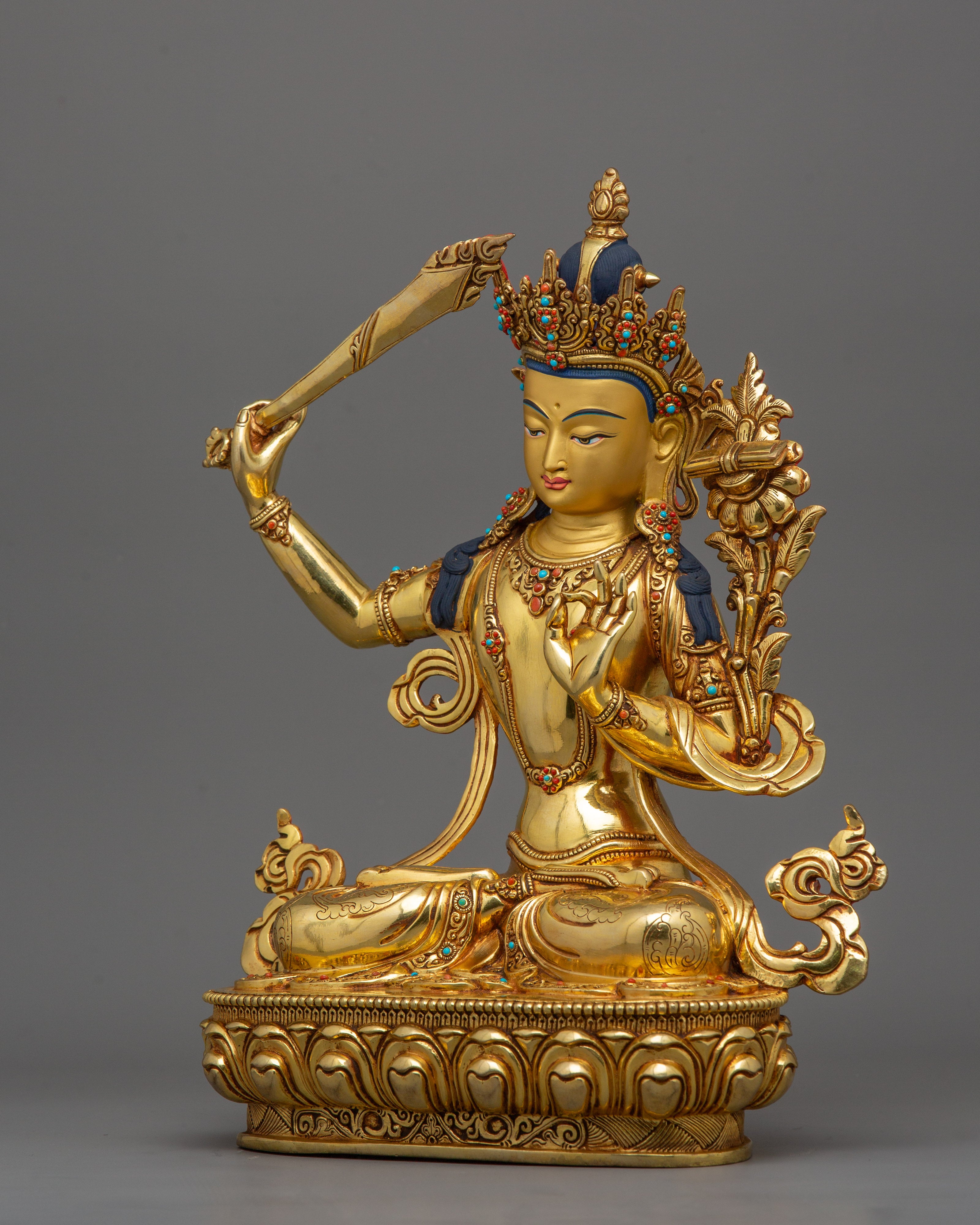 Golden Manjushri Buddha Statue | Wisdom Deity of Bodhisattva