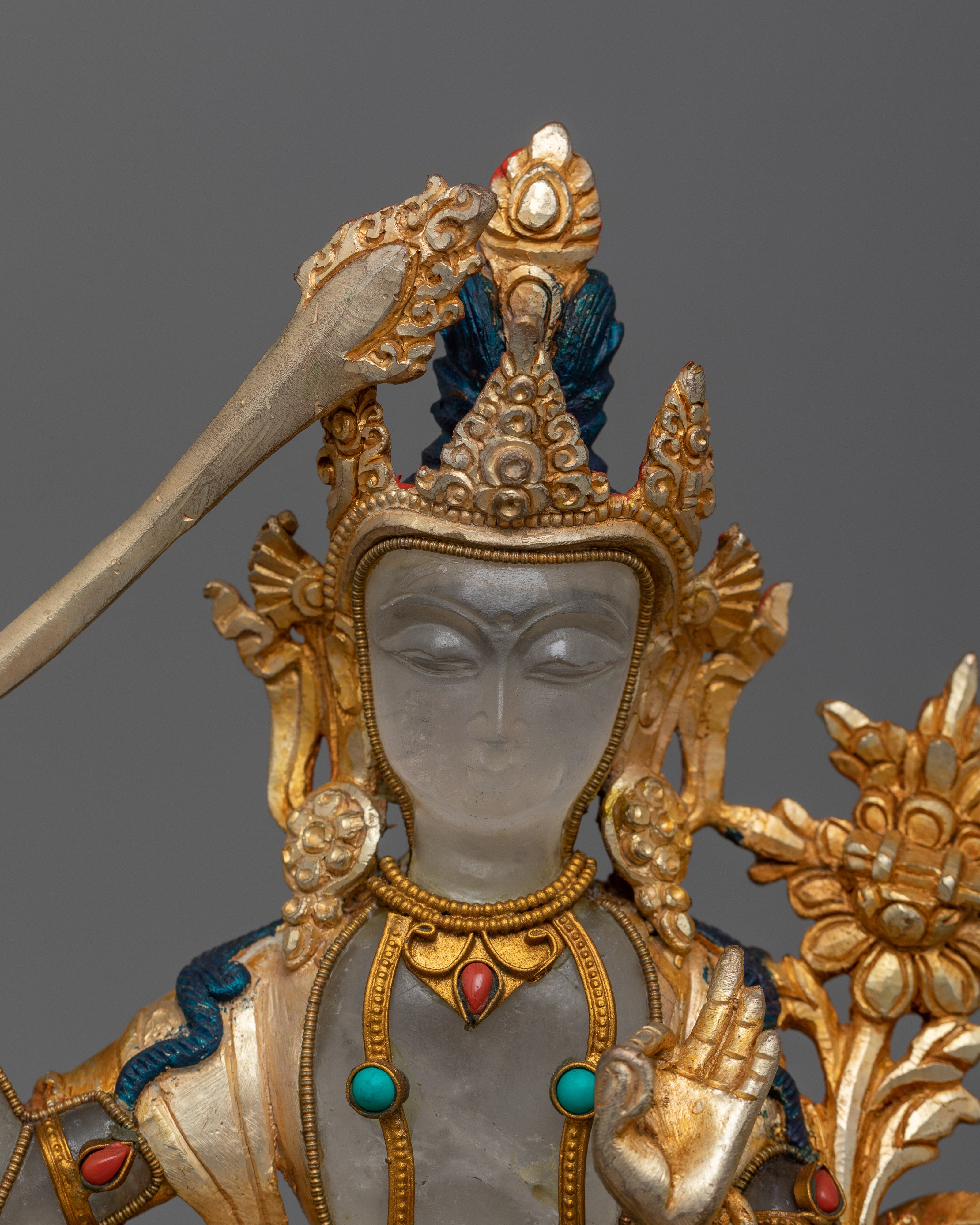 Crystal Manjushri Statue | Gold Electroplated Deity Sculpture