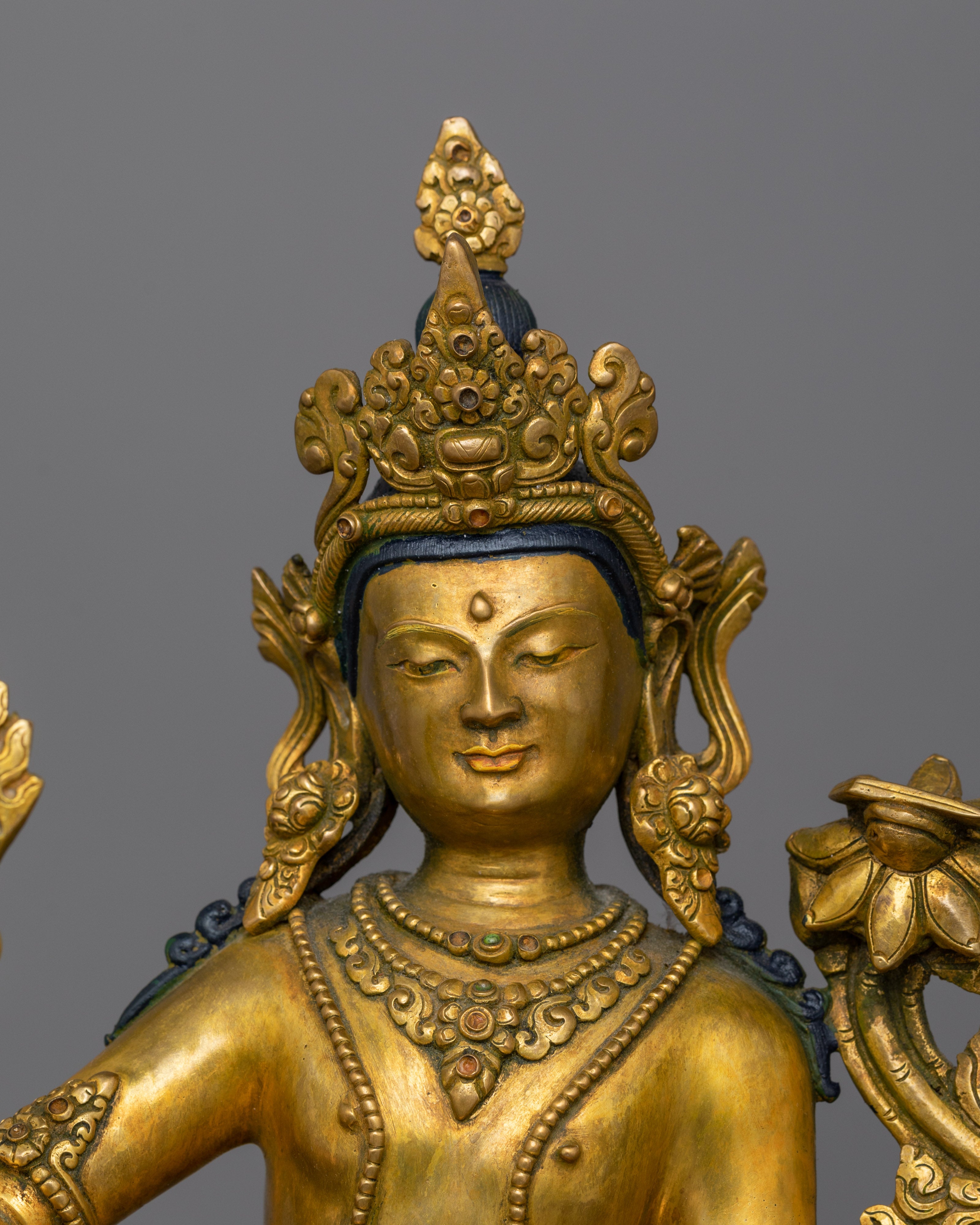 Handcrafted Manjushri Copper Statue | 13.4” Antique Finish Sculpture