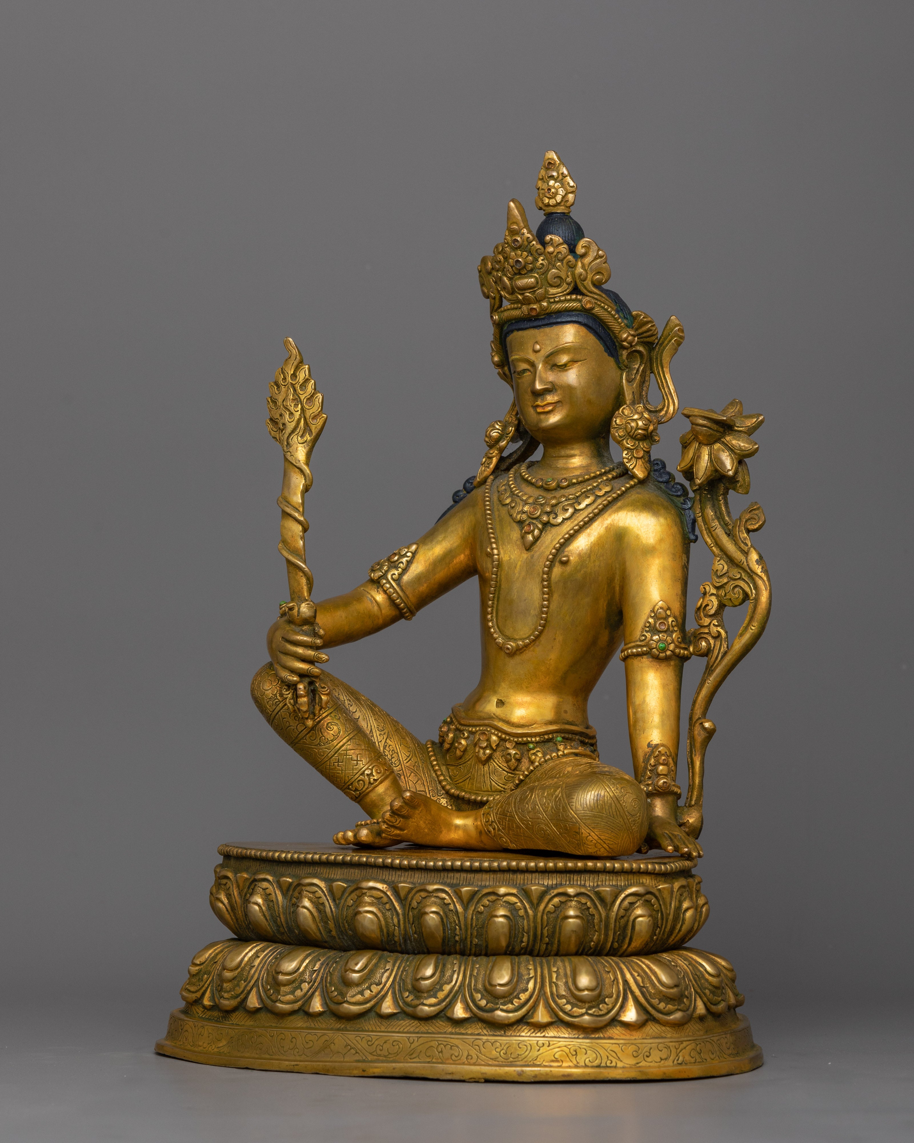 Handcrafted Manjushri Copper Statue | 13.4” Antique Finish Sculpture