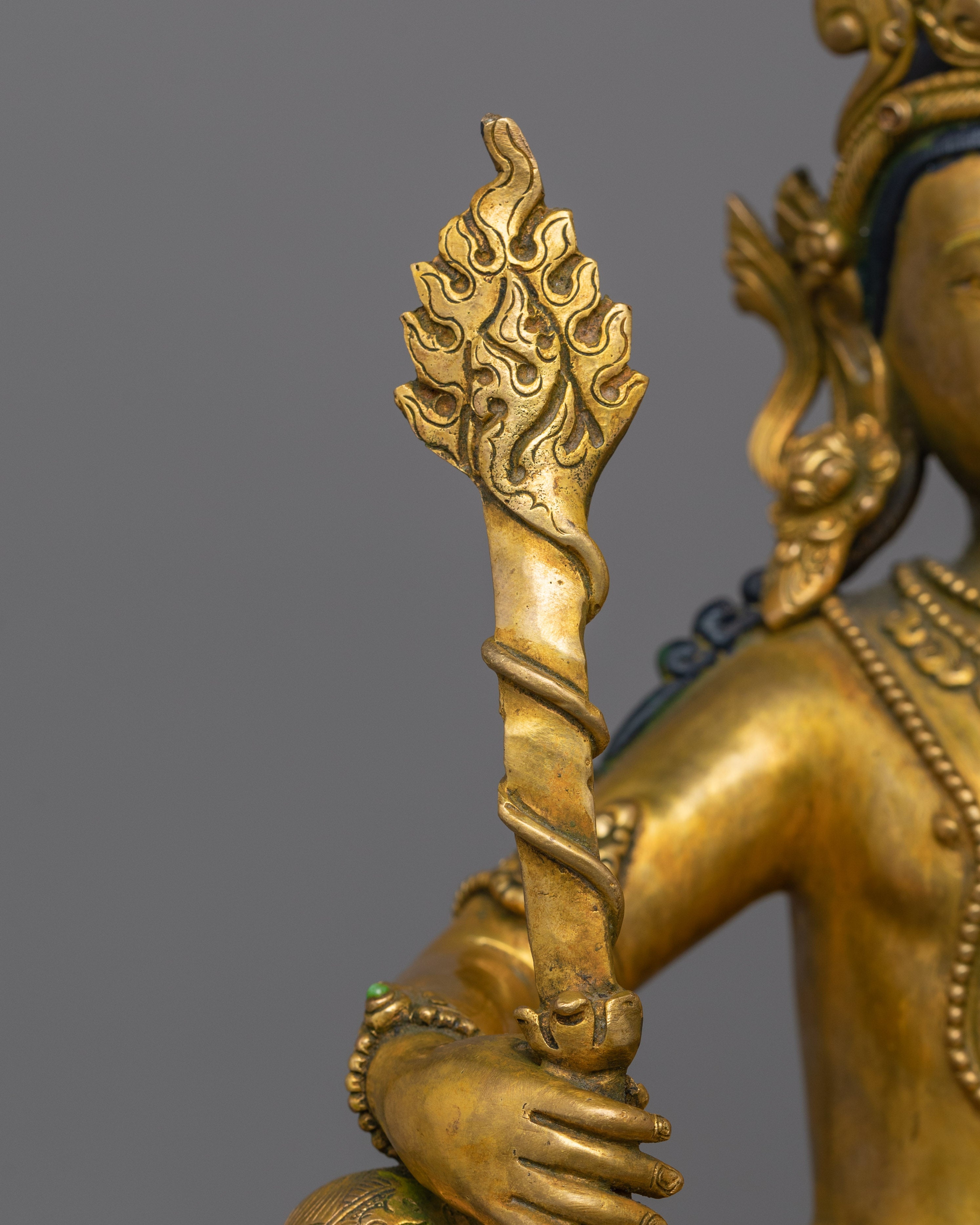 Handcrafted Manjushri Copper Statue | 13.4” Antique Finish Sculpture