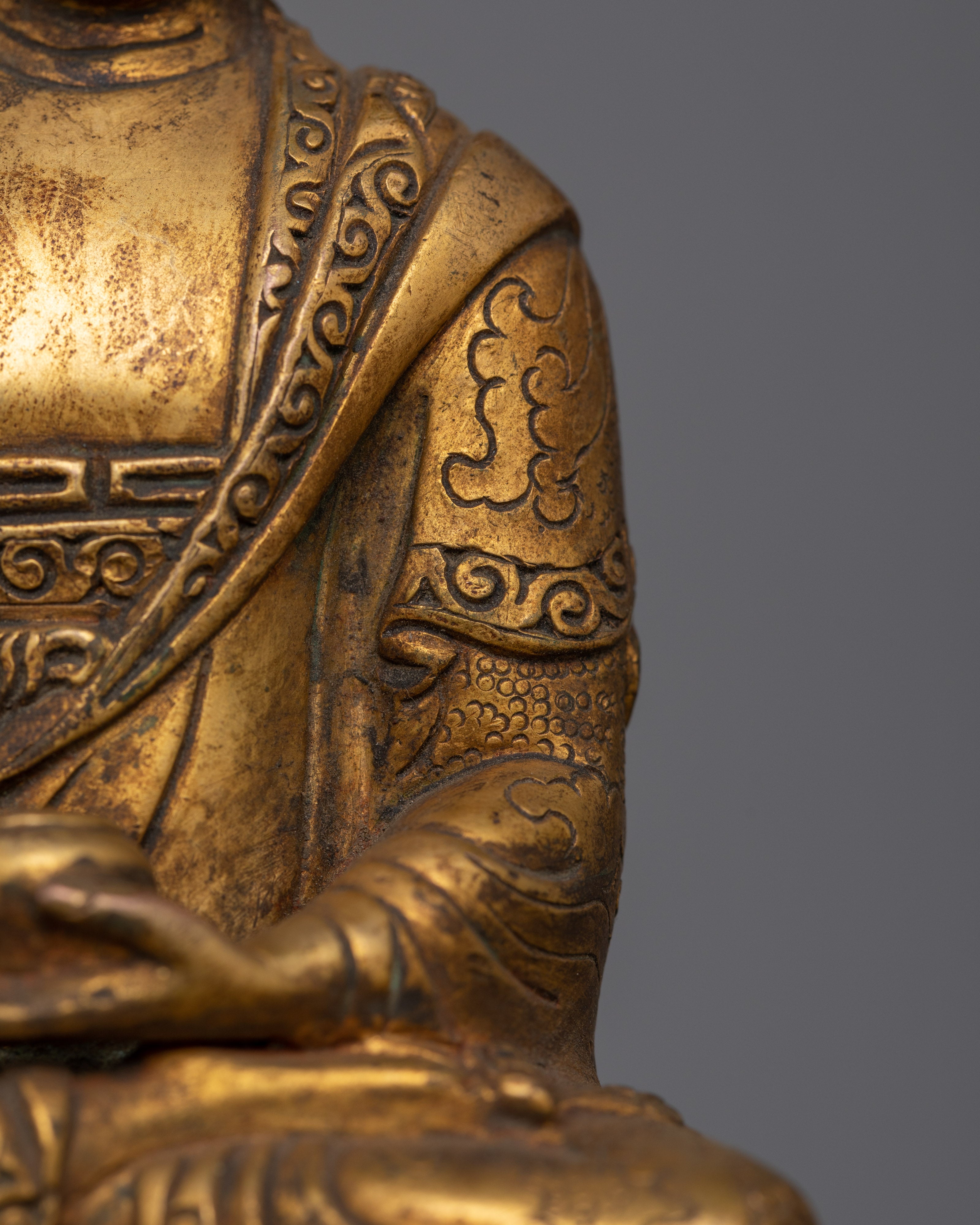Gold Gilded Shakyamuni Buddha Statue | 15.7” Antique Finish for Spiritual Serenity