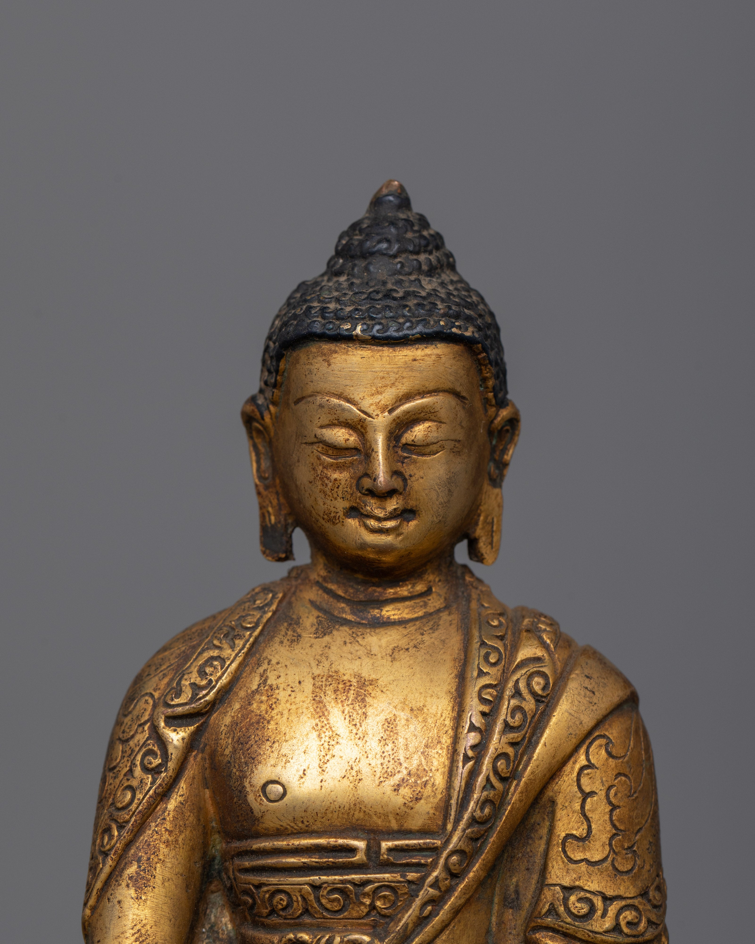 Gold Gilded Shakyamuni Buddha Statue | 15.7” Antique Finish for Spiritual Serenity