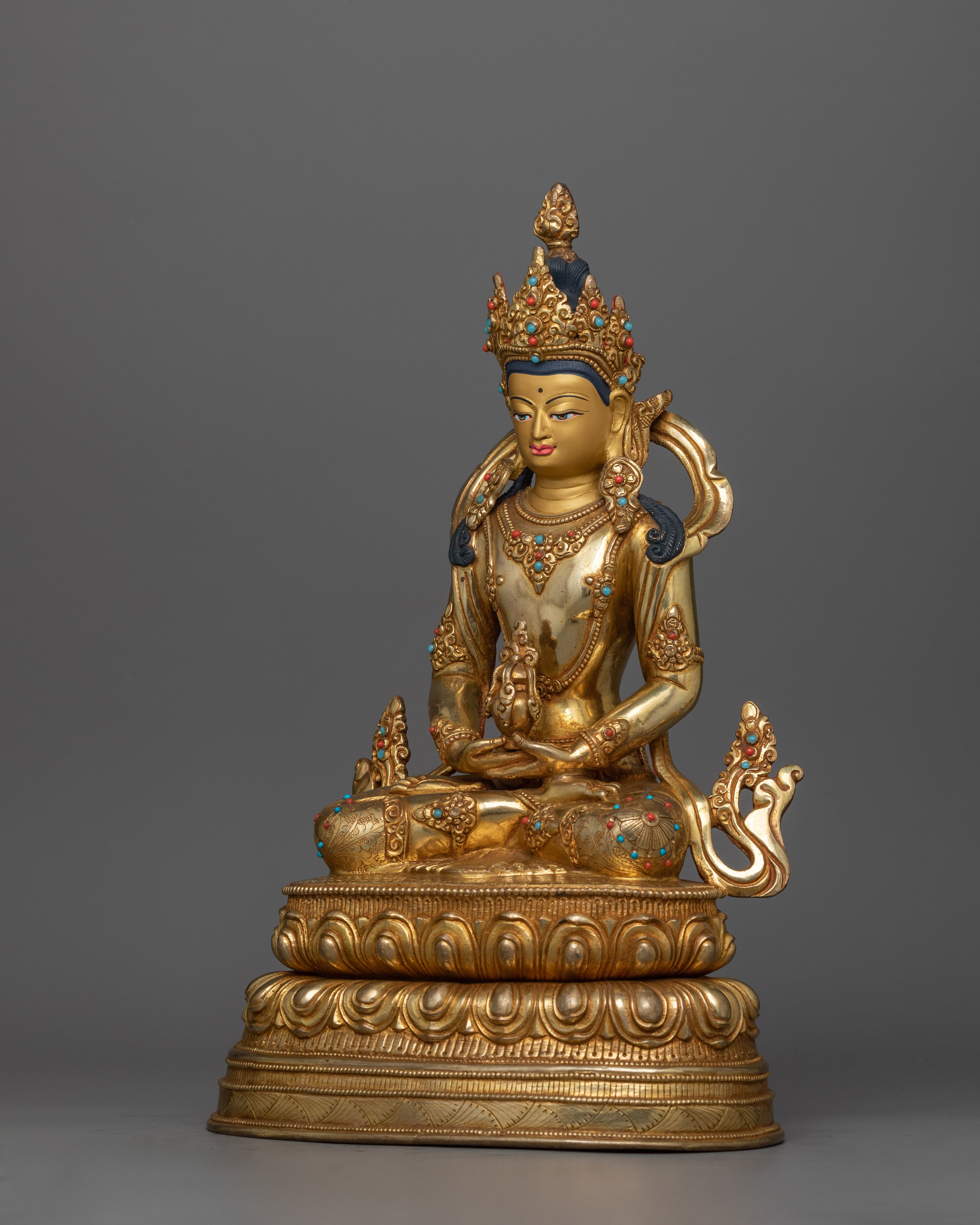 24K Gold-Gilded Amitayus Statue | Handcrafted Gemstone-Embellished Sculpture