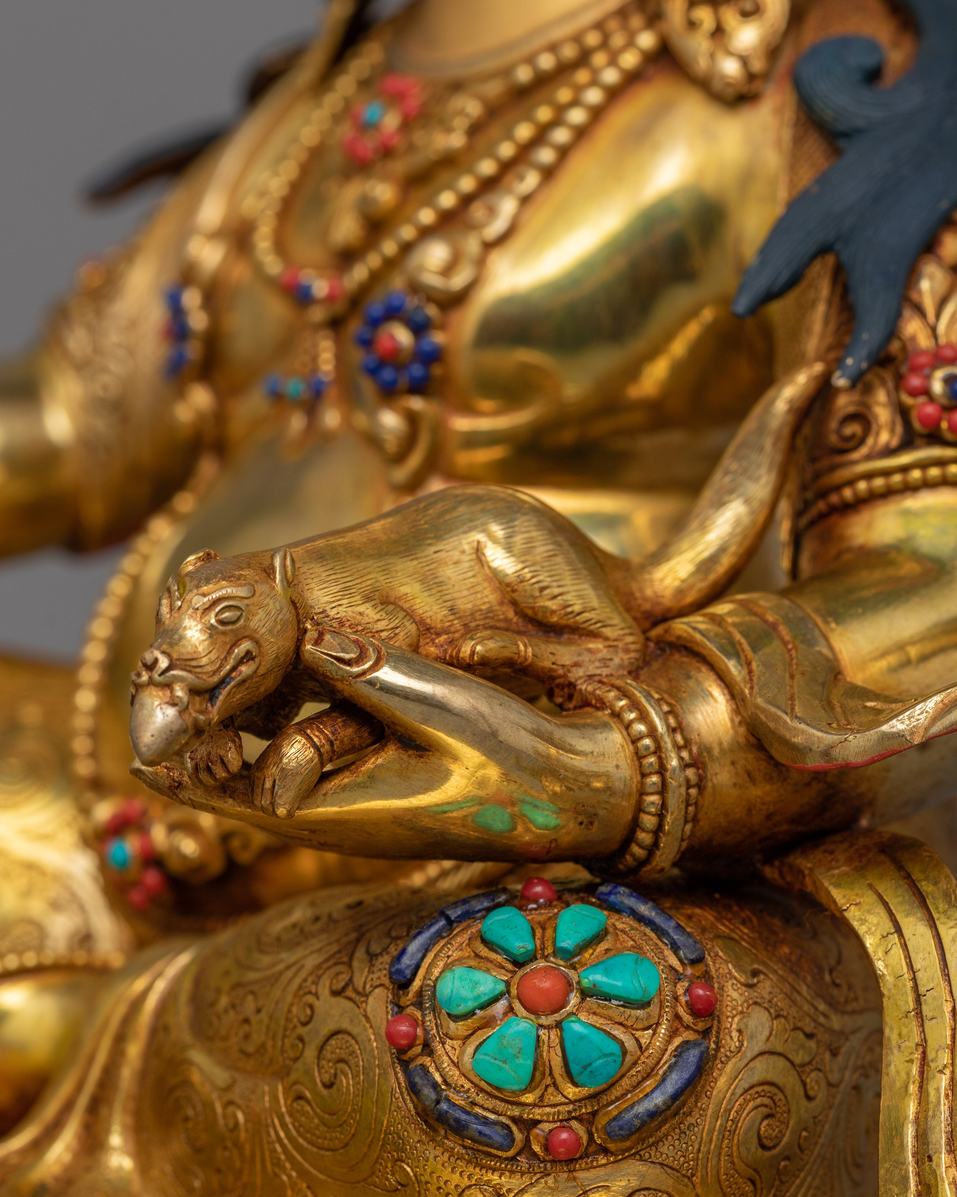 13-Inch 24K Gold-Gilded Dzambhala Statue | Gemstone-Embellished Sculpture