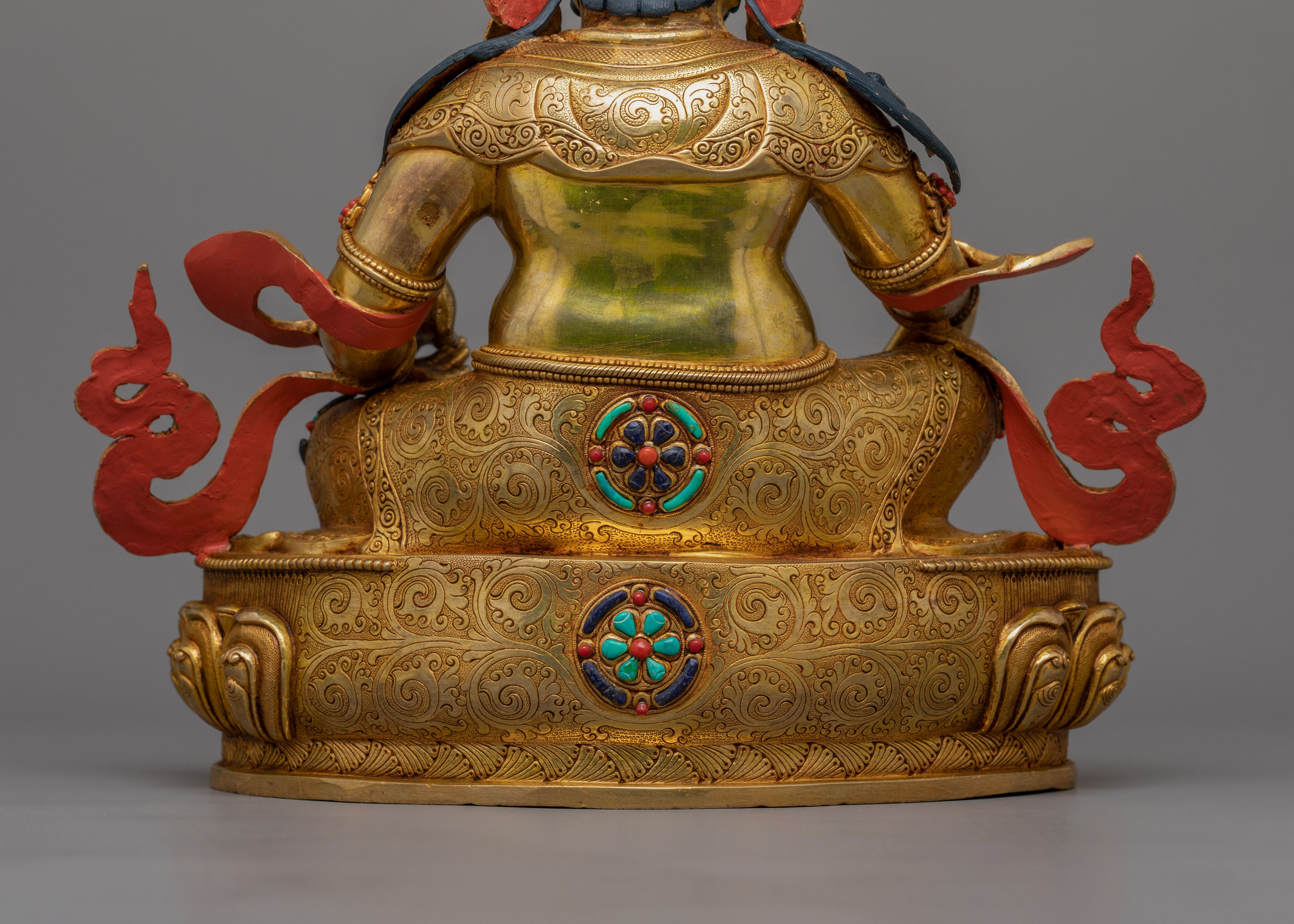 13-Inch 24K Gold-Gilded Dzambhala Statue | Gemstone-Embellished Sculpture