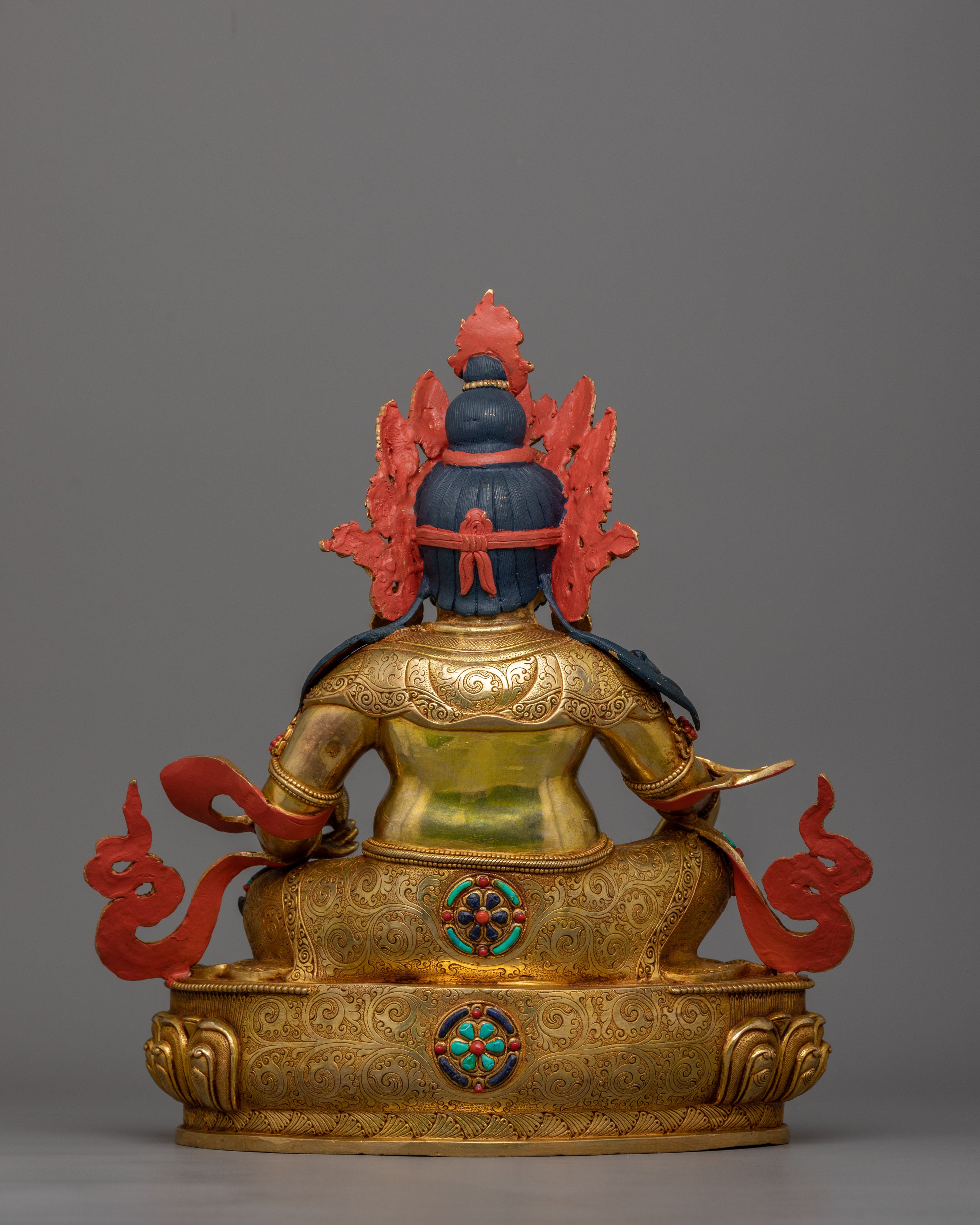 13-Inch 24K Gold-Gilded Dzambhala Statue | Gemstone-Embellished Sculpture